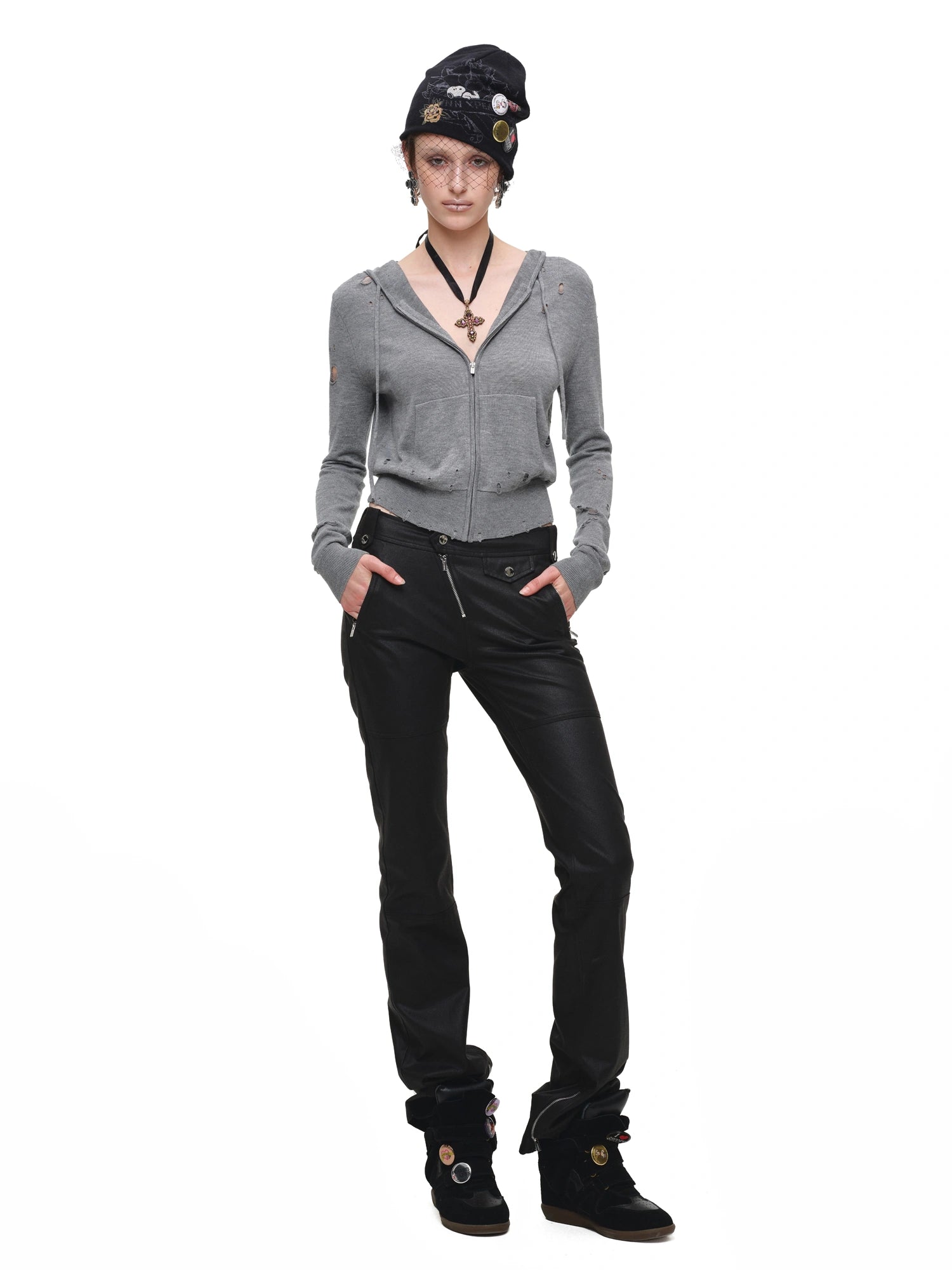1Jinn Studio Ripped Knit Cropped Zip-Up Hoodie | Canton Collective