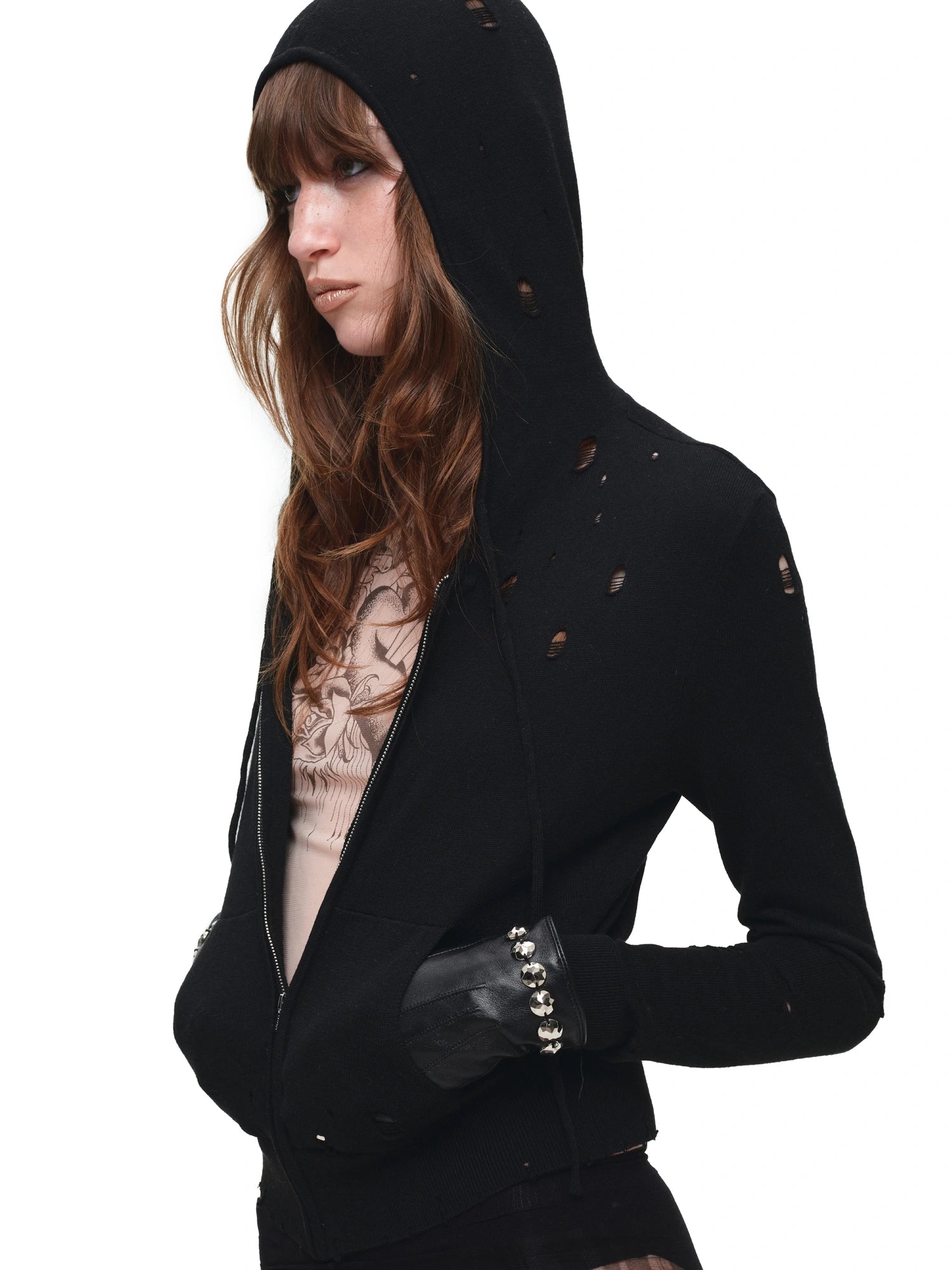 1Jinn Studio Ripped Knit Cropped Zip-Up Hoodie | Canton Collective