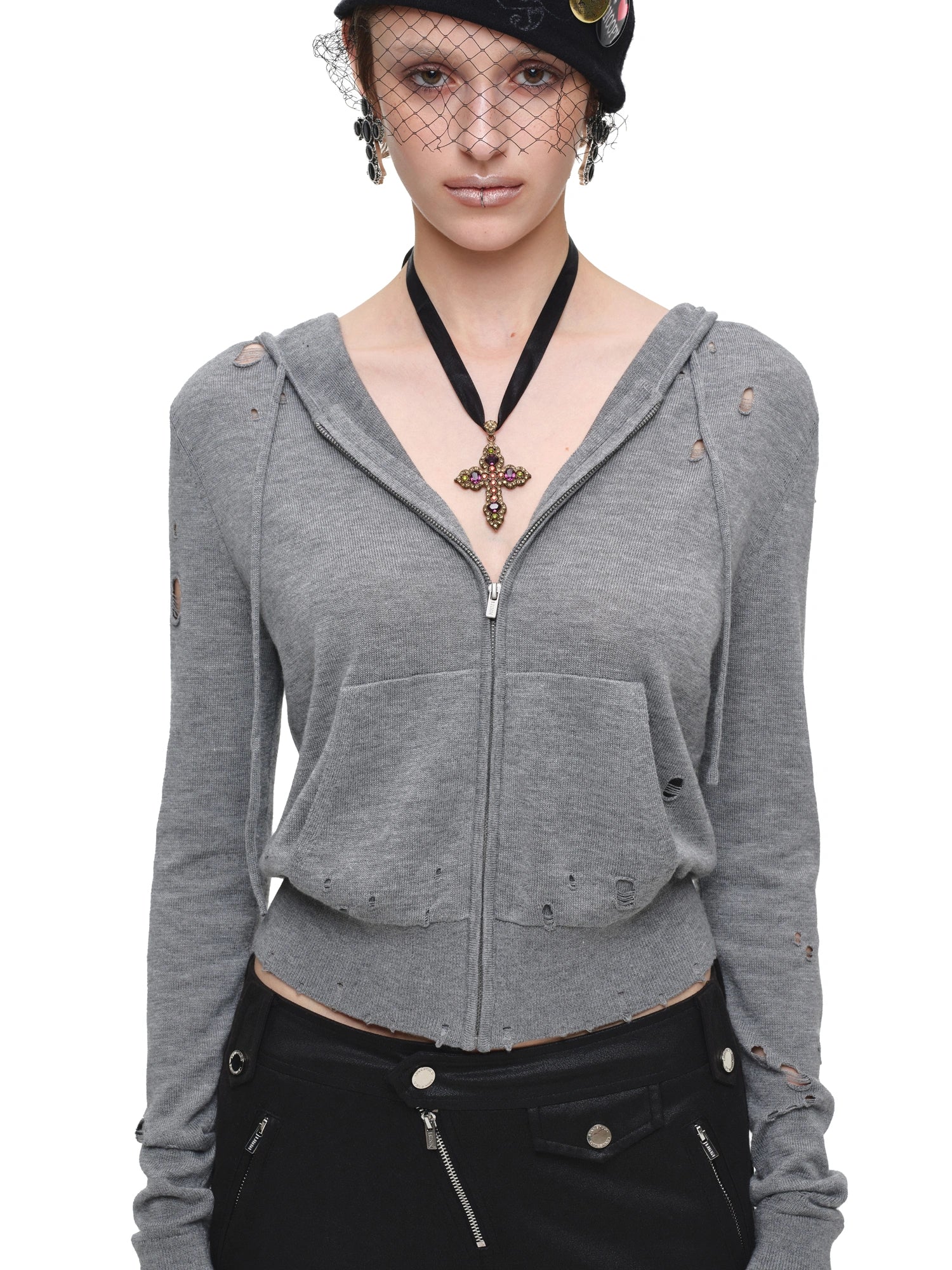 1Jinn Studio Ripped Knit Cropped Zip-Up Hoodie | Canton Collective