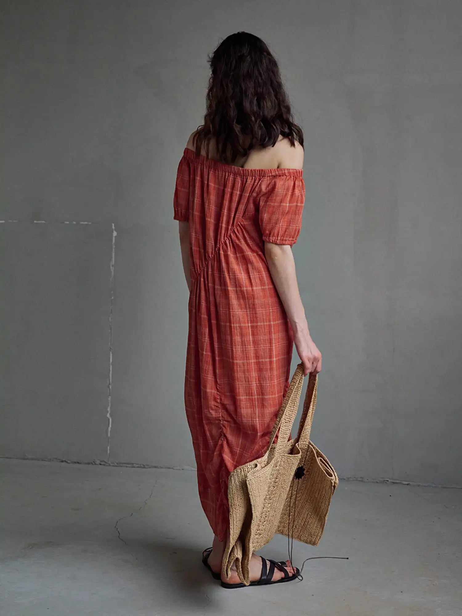 CantonCollective Design Ruched Off-Shoulder Cotton Plaid Maxi Dress | Canton Collective