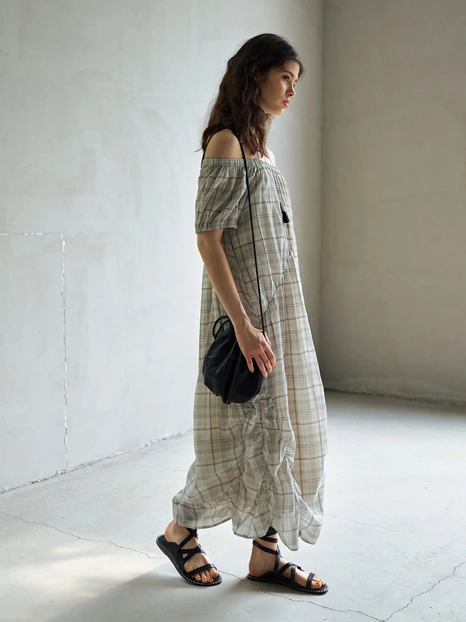 CantonCollective Design Ruched Off-Shoulder Cotton Plaid Maxi Dress | Canton Collective