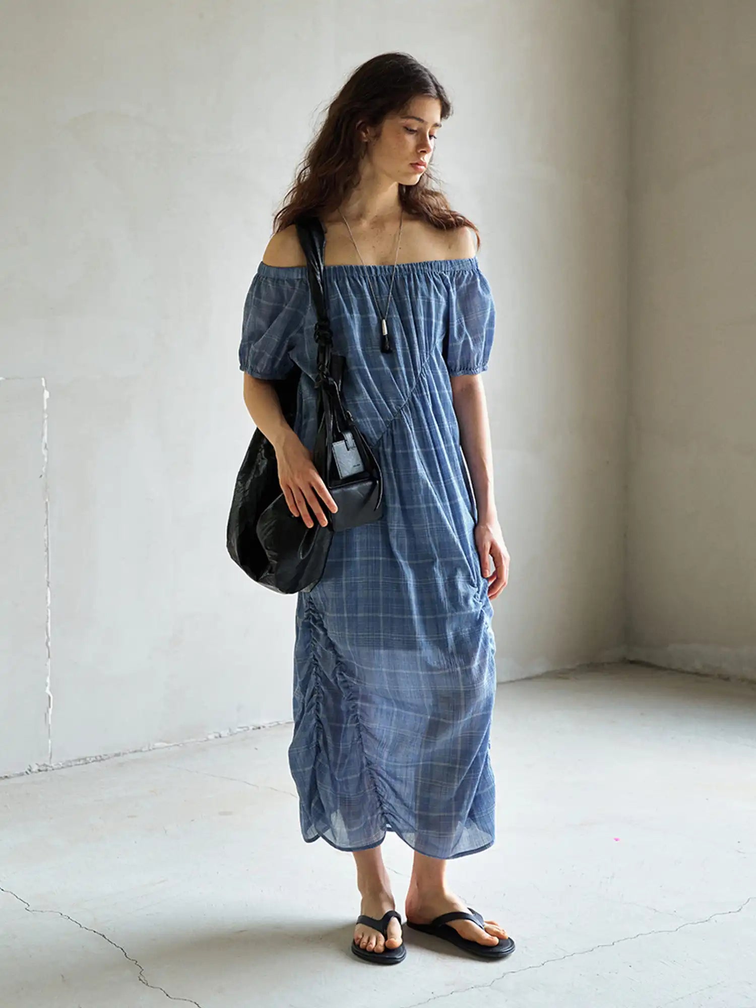 CantonCollective Design Ruched Off-Shoulder Cotton Plaid Maxi Dress | Canton Collective