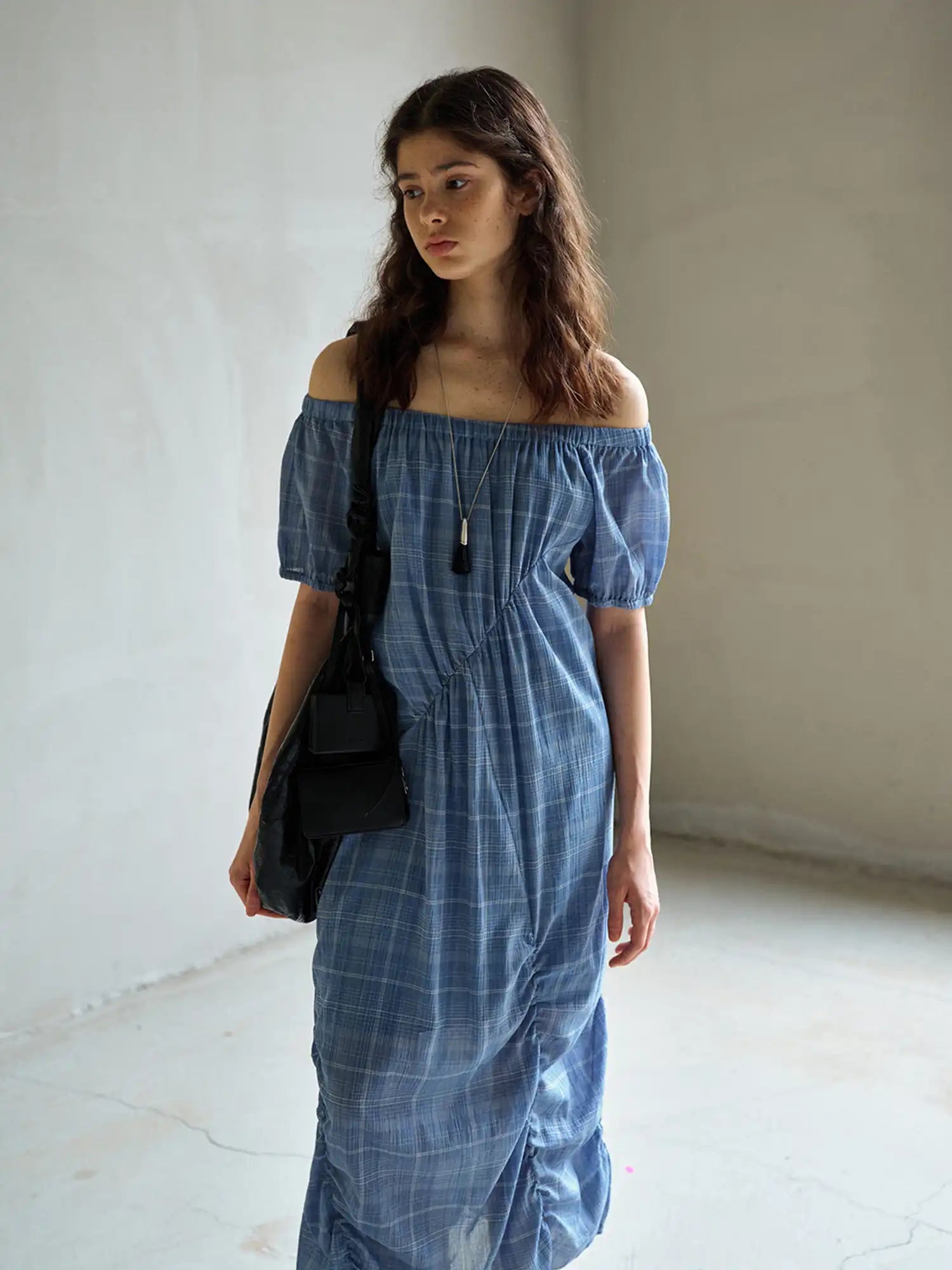 CantonCollective Design Ruched Off-Shoulder Cotton Plaid Maxi Dress | Canton Collective