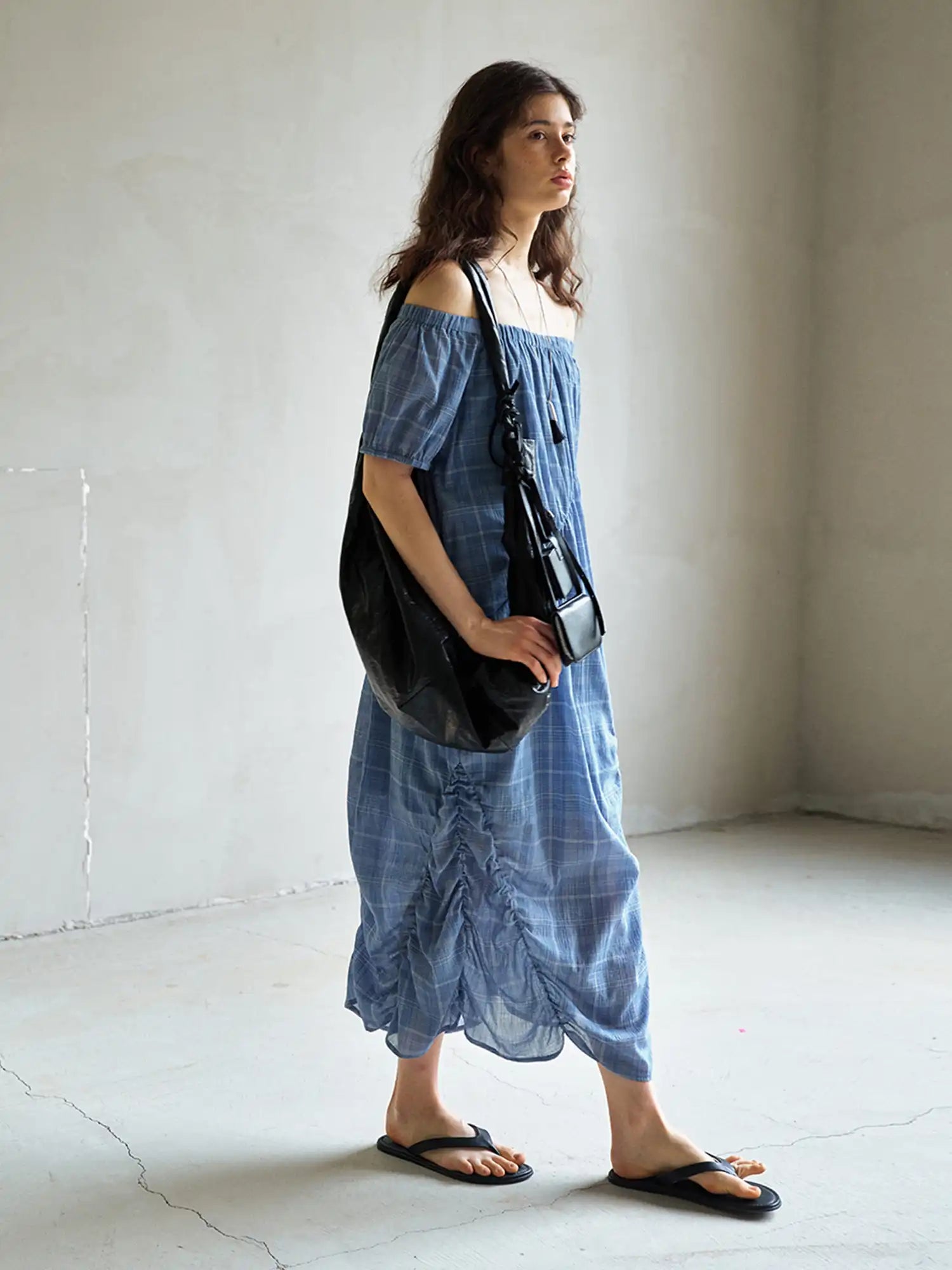 CantonCollective Design Ruched Off-Shoulder Cotton Plaid Maxi Dress | Canton Collective