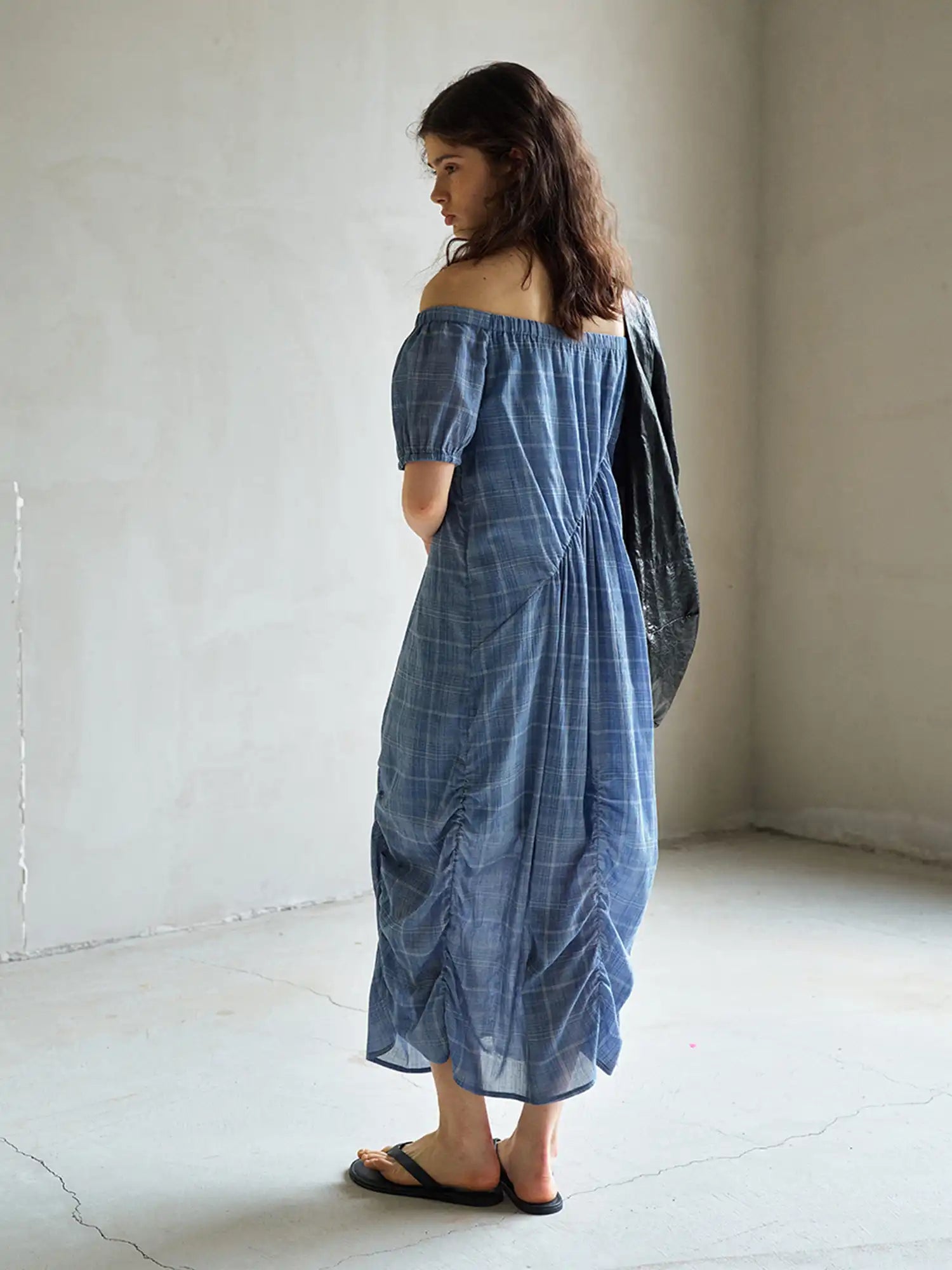 CantonCollective Design Ruched Off-Shoulder Cotton Plaid Maxi Dress | Canton Collective