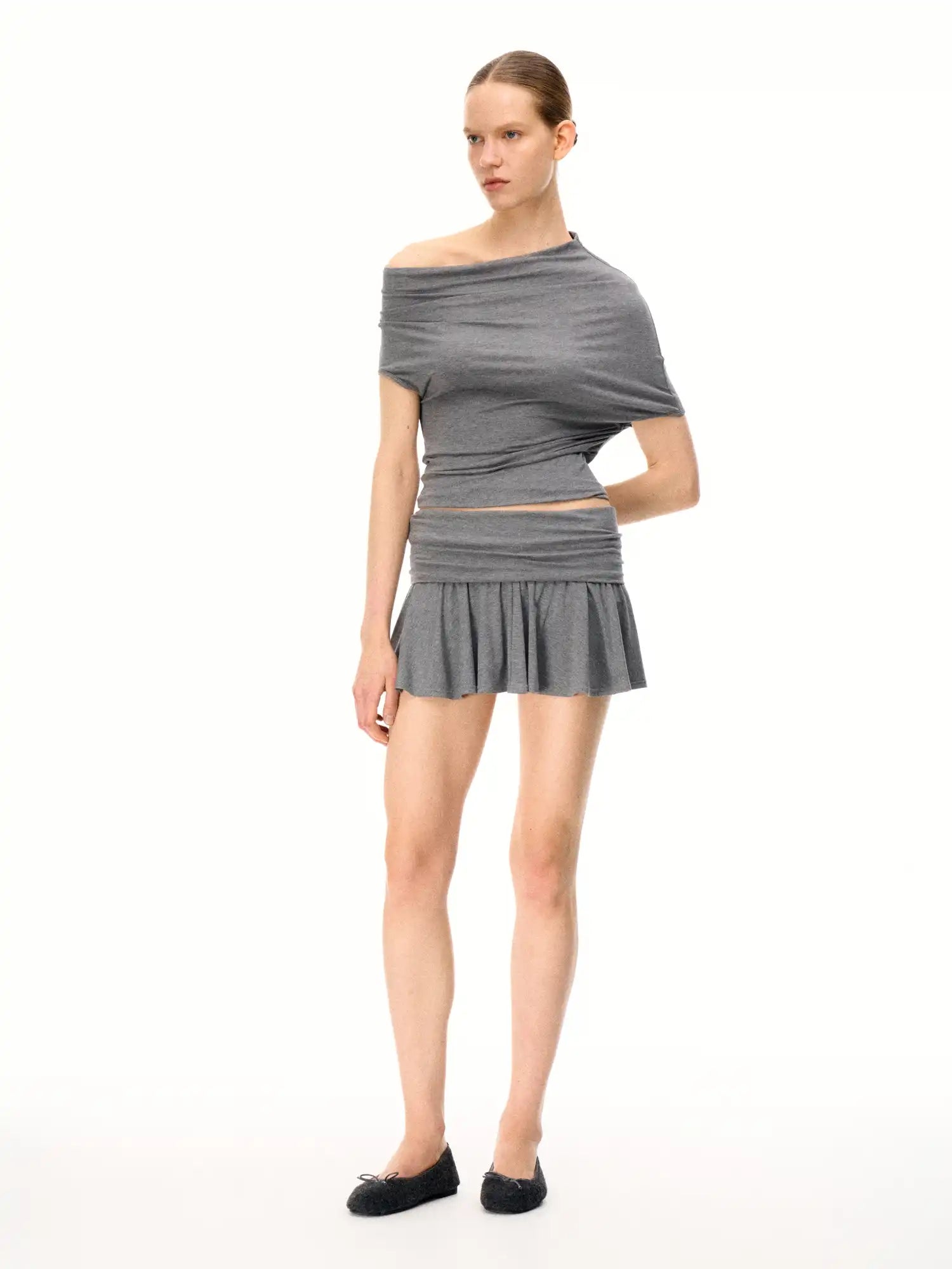 FIRST FLOOR Ruched Pleated Ballet Pilates Mini Knit Skirt With Folded Waist | Canton Collective