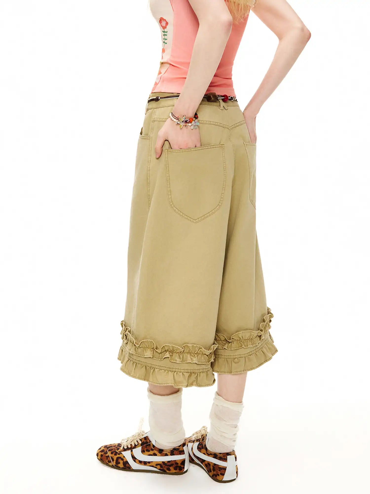 Outtheblue Ruffle Hem Khaki Wide-Leg Cropped Pants | Canton Collective