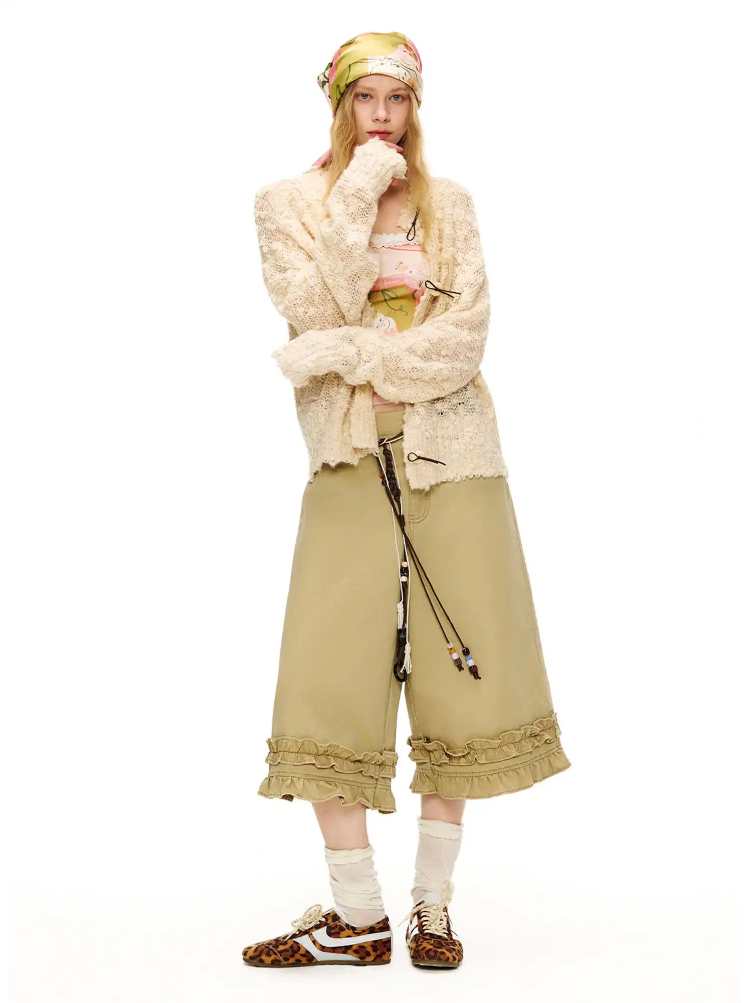 Outtheblue Ruffle Hem Khaki Wide-Leg Cropped Pants | Canton Collective