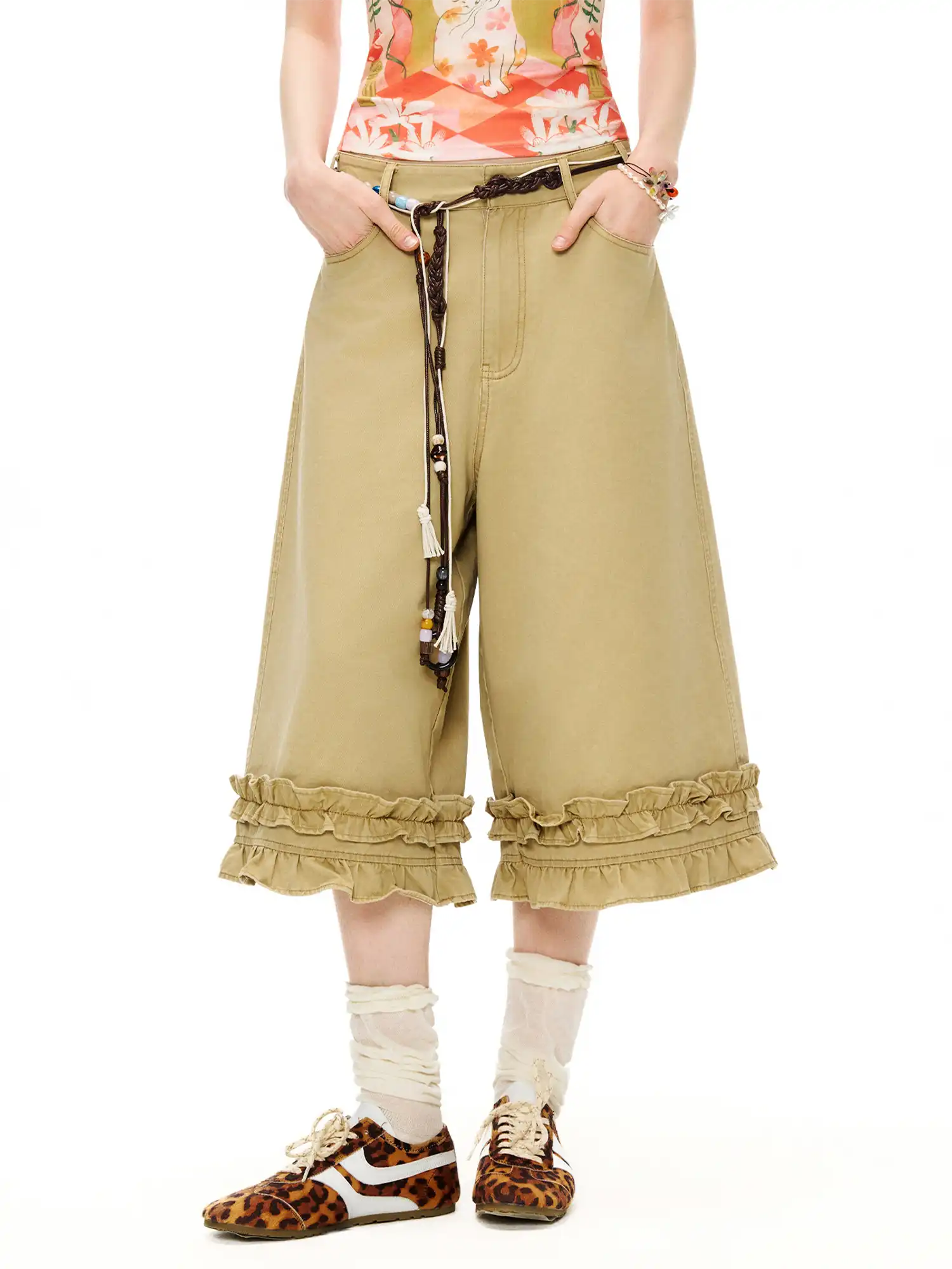 Outtheblue Ruffle Hem Khaki Wide-Leg Cropped Pants | Canton Collective