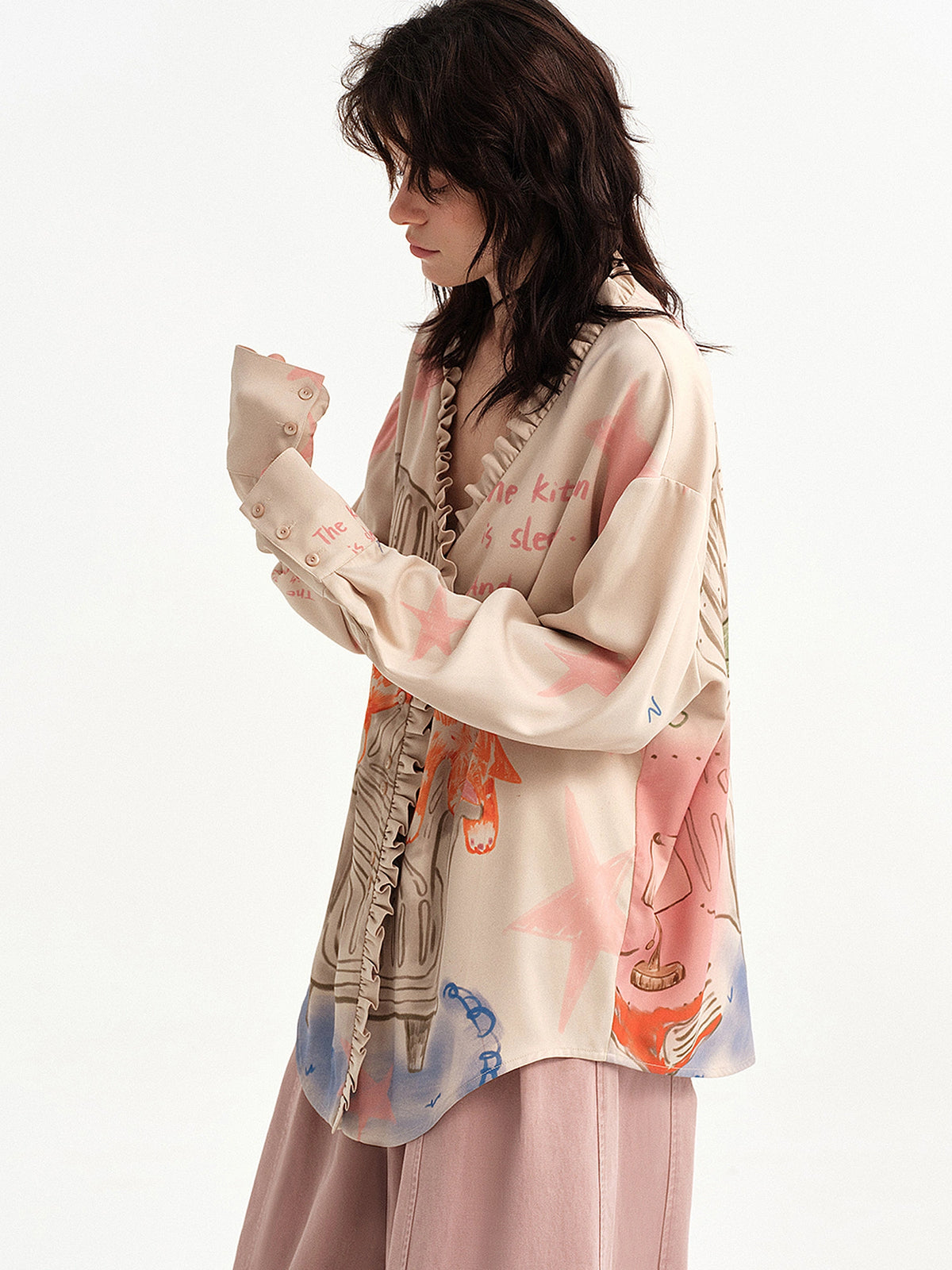 Outtheblue Ruffle Placket Drape Oversized Blouse | Canton Collective