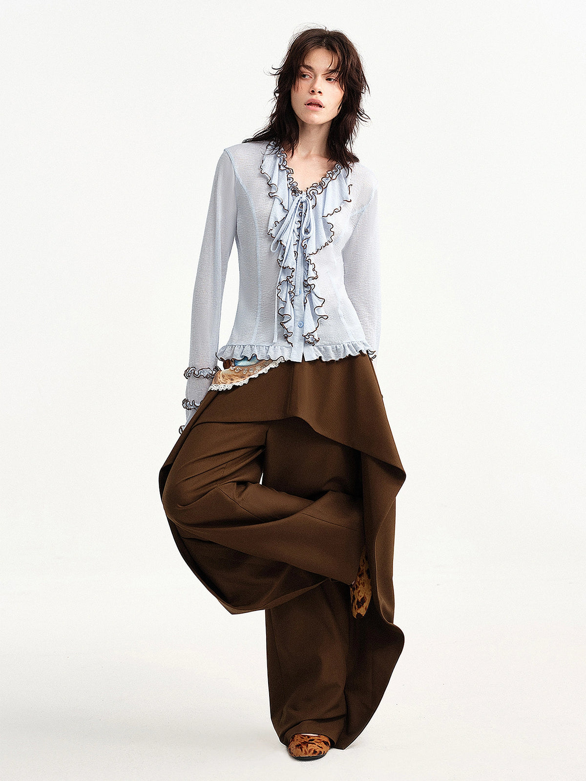 Outtheblue Ruffle Trim Bell Sleeve Sheer Cardigan | Canton Collective