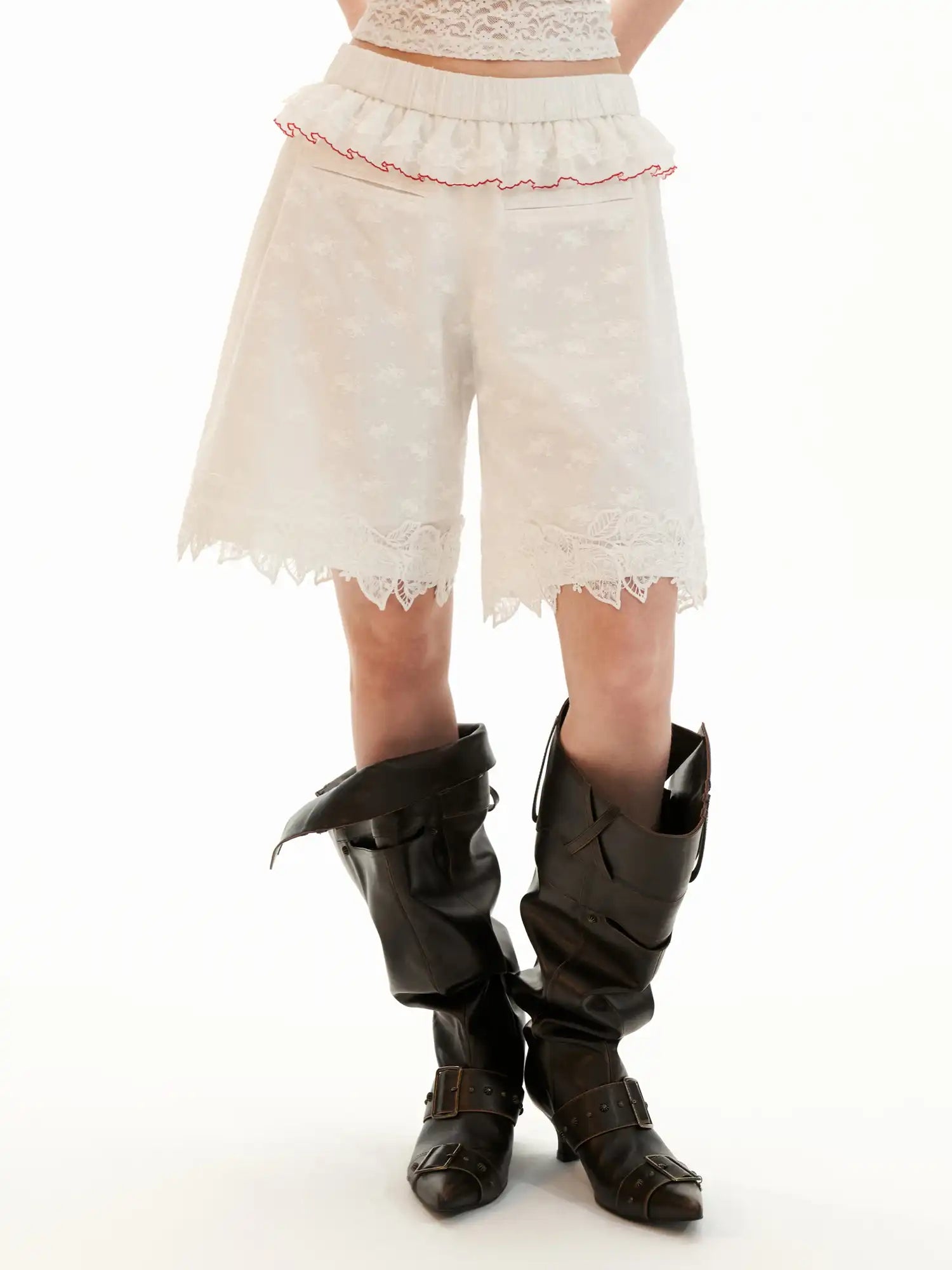 MAMC Ruffle Waist Eyelet Embroidered High-Waist Shorts | Canton Collective