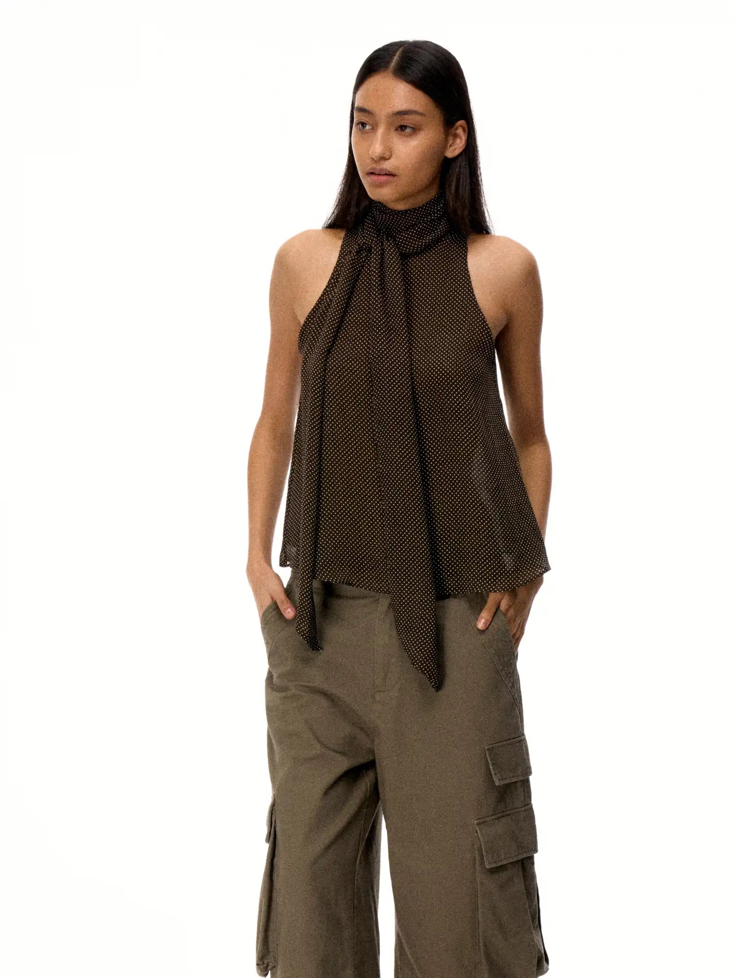 FirstFloor Scarf-Collar Design Polka Sheer Mesh Sleeveless Top | Canton Collective