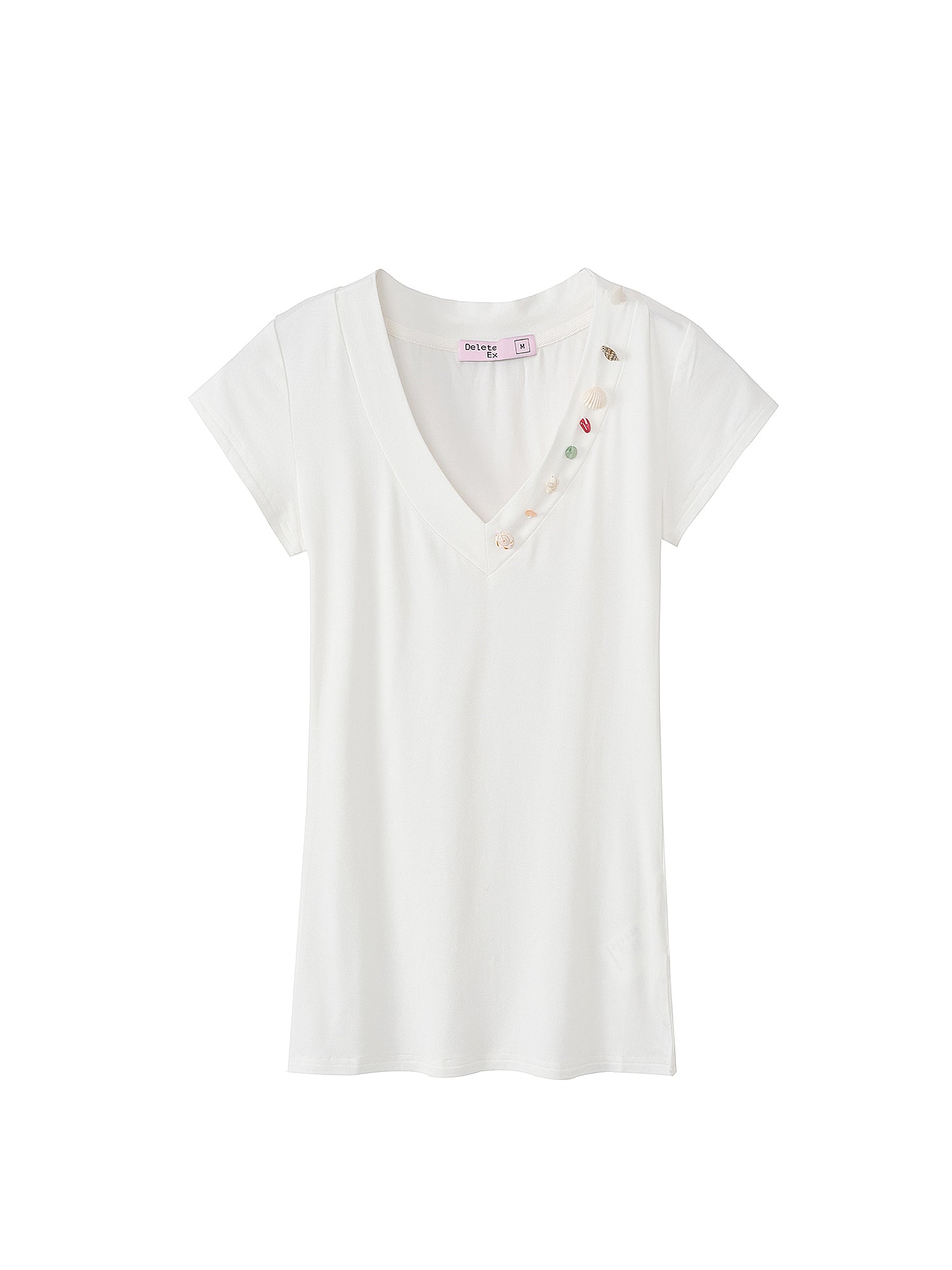 Deleteex Seashell Embellished V-Neck Cropped White Tee | Canton Collective