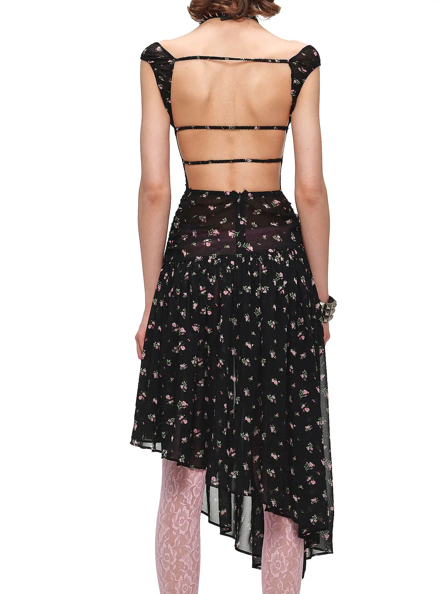 1Jinn Studio Semi-Sheer Open Back Black Floral Midi Dress | Canton Collective