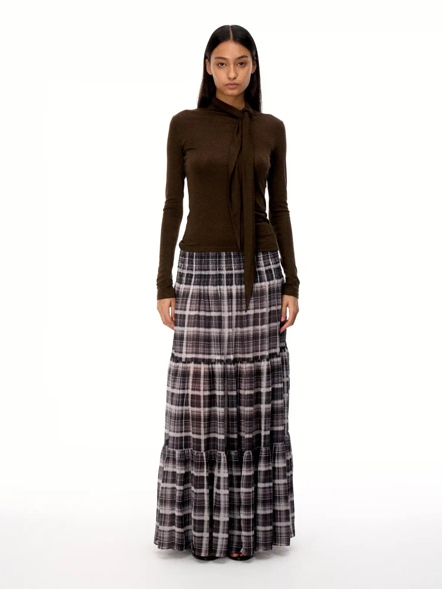 FirstFloor Sheer Mesh Tulle Pleated Maxi Skirt With Polka Dot Plaid | Canton Collective