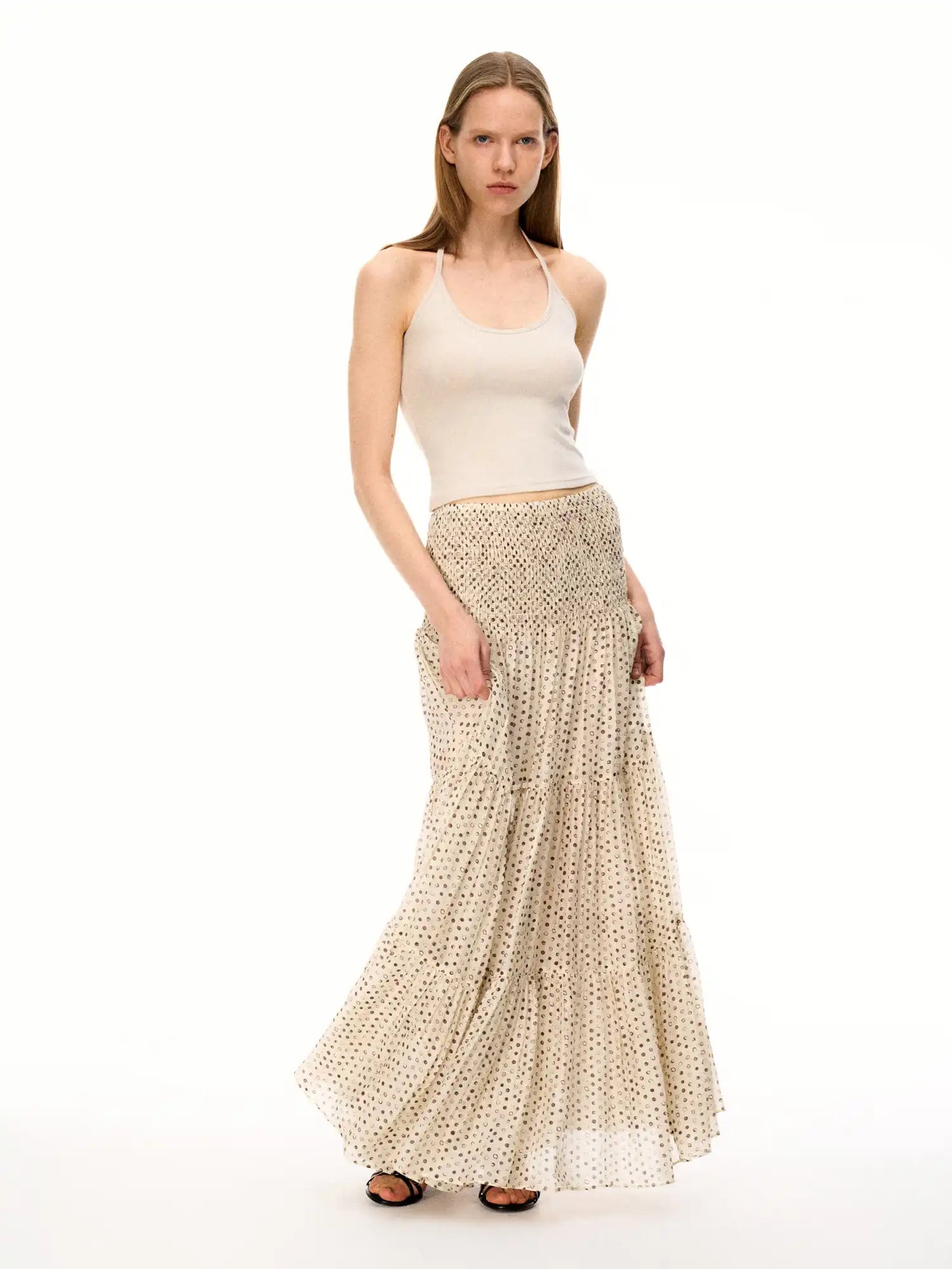 FirstFloor Sheer Mesh Tulle Pleated Maxi Skirt With Polka Dot Plaid | Canton Collective