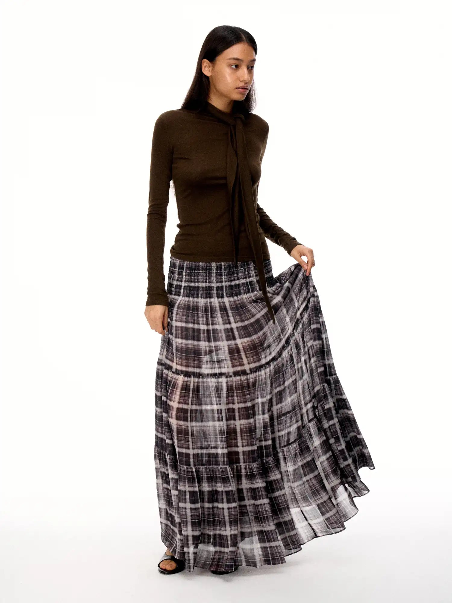 FirstFloor Sheer Mesh Tulle Pleated Maxi Skirt With Polka Dot Plaid | Canton Collective