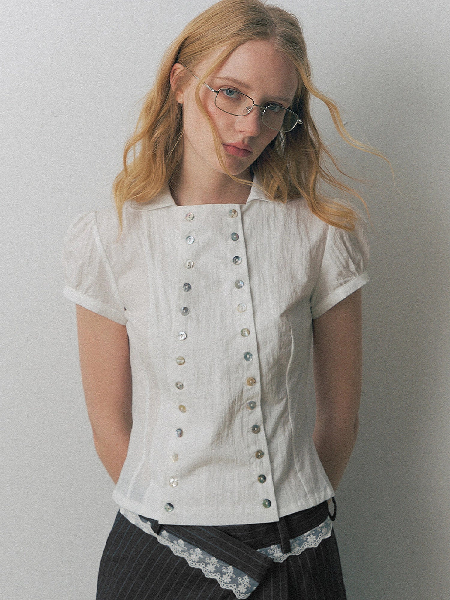Deleteex Shell Buttons Front Puff Sleeve Shirt | Canton Collective