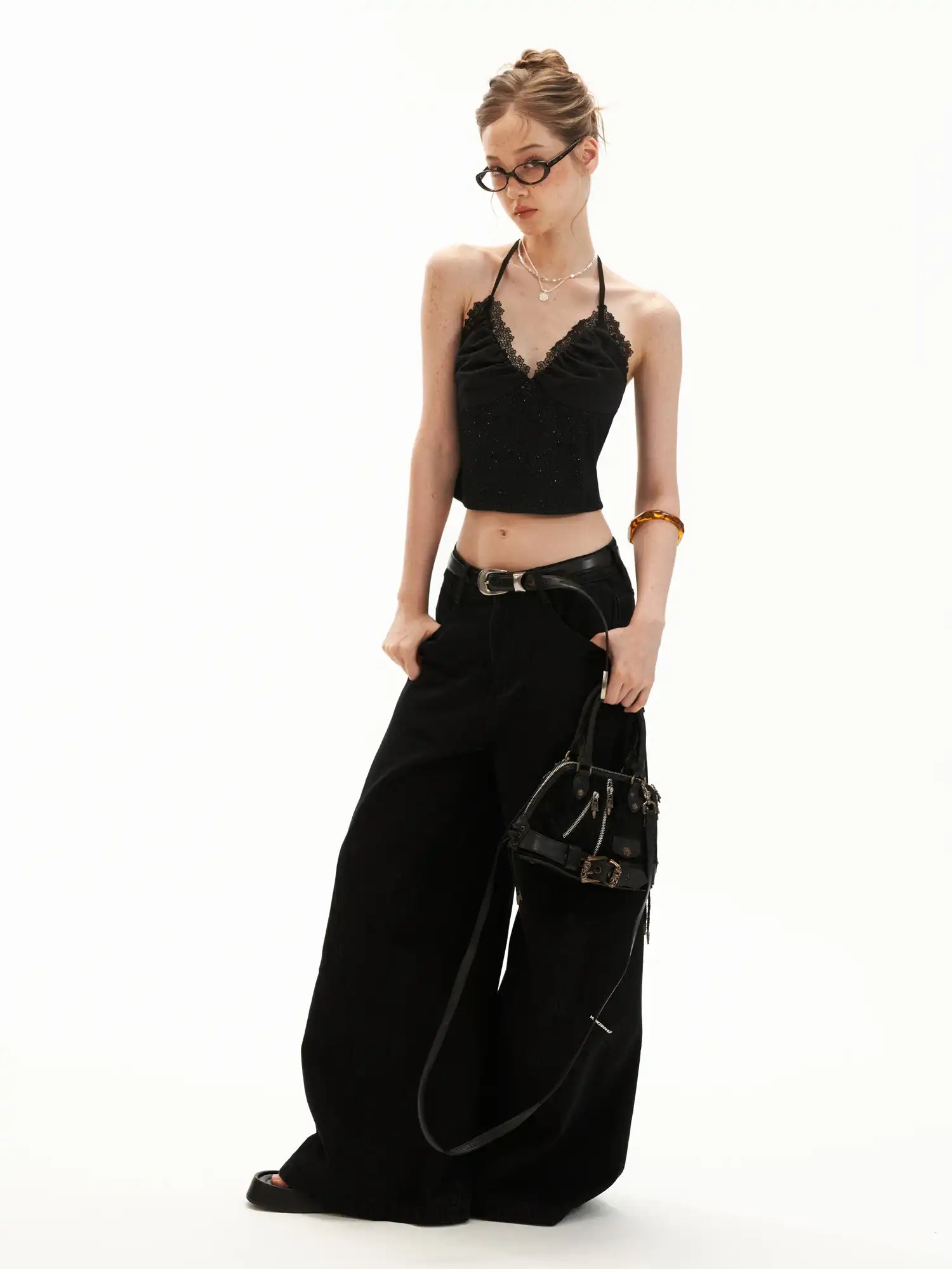 MAMC Shimmer Lace Trim Halter Crop Top | Canton Collective