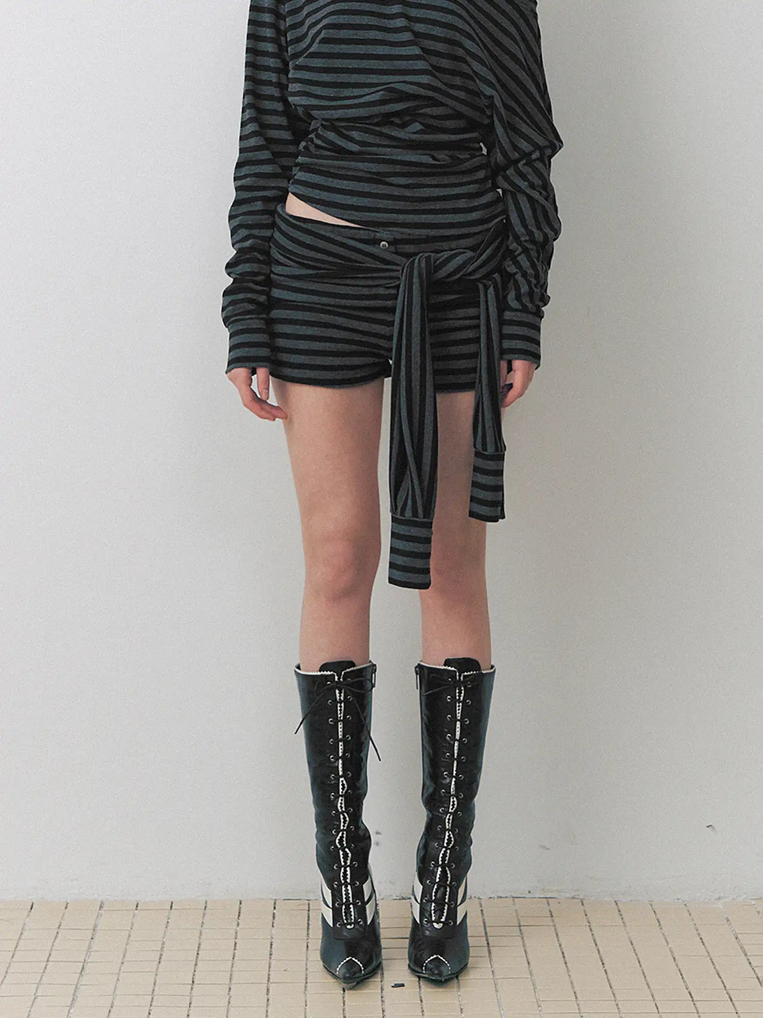 Deleteex Shirt Style Waist Tie Stripe Knit Shorts | Canton Collective