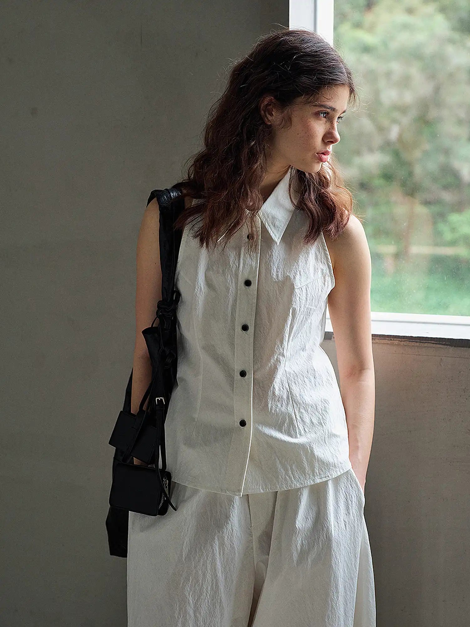 CantonCollective Design Sleeveless Button-Front Textured Cotton Top | Canton Collective