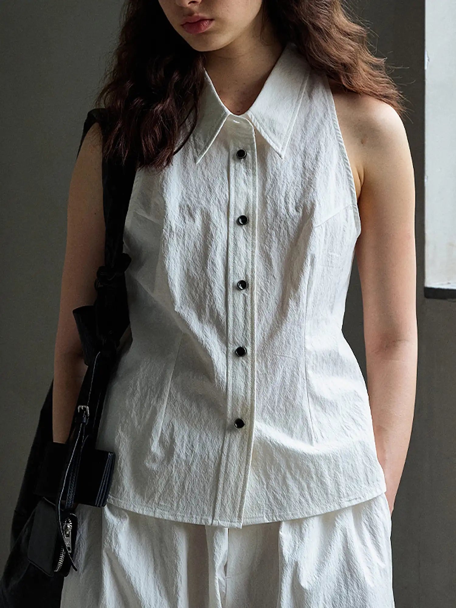 CantonCollective Design Sleeveless Button-Front Textured Cotton Top | Canton Collective