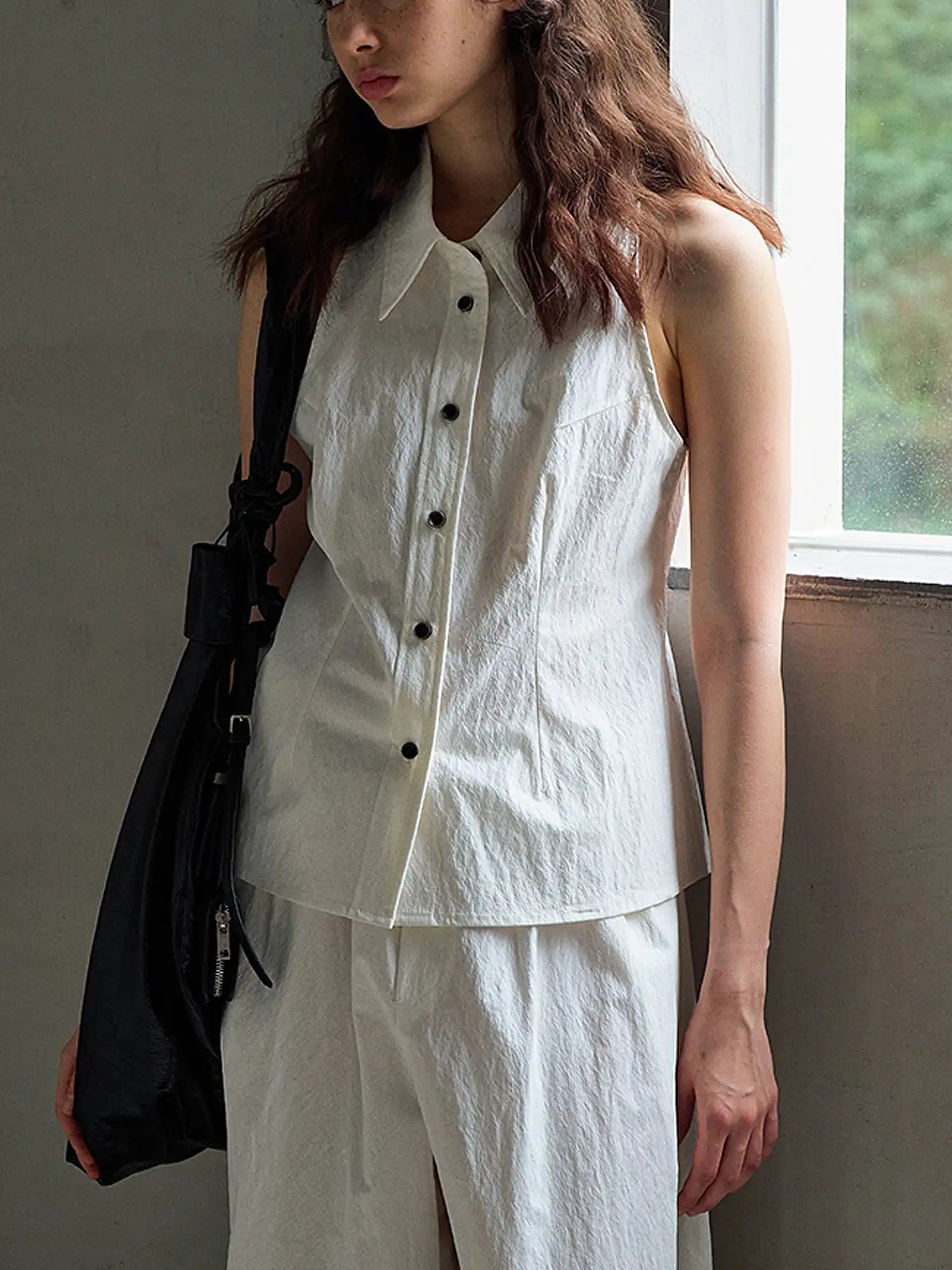 CantonCollective Design Sleeveless Button-Front Textured Cotton Top | Canton Collective