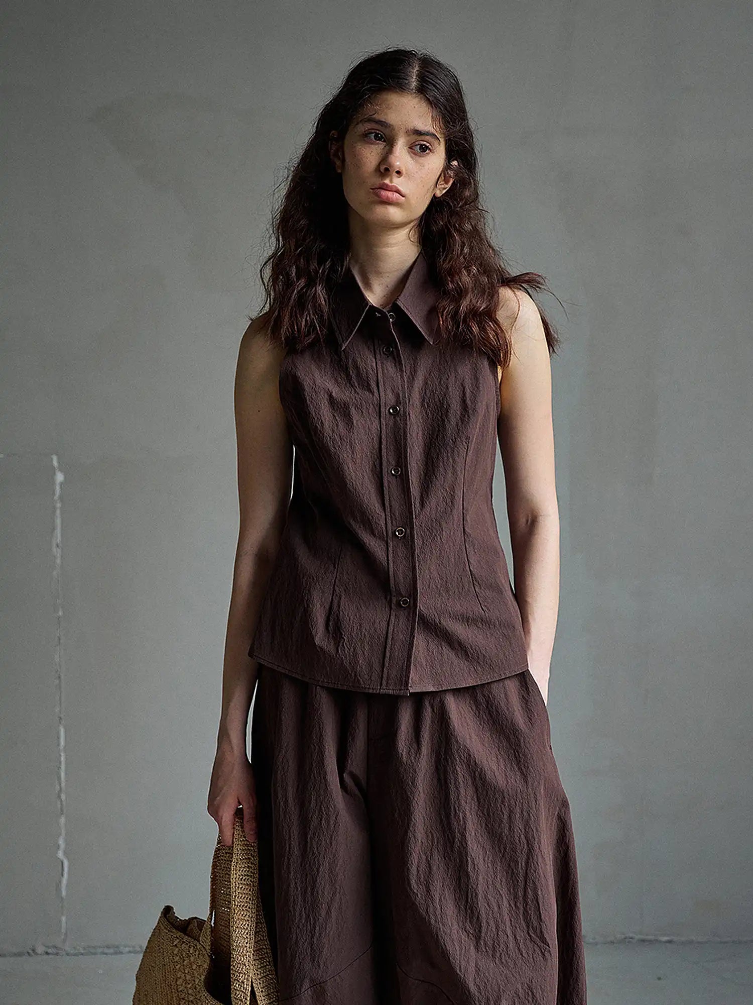 CantonCollective Design Sleeveless Button-Front Textured Cotton Top | Canton Collective