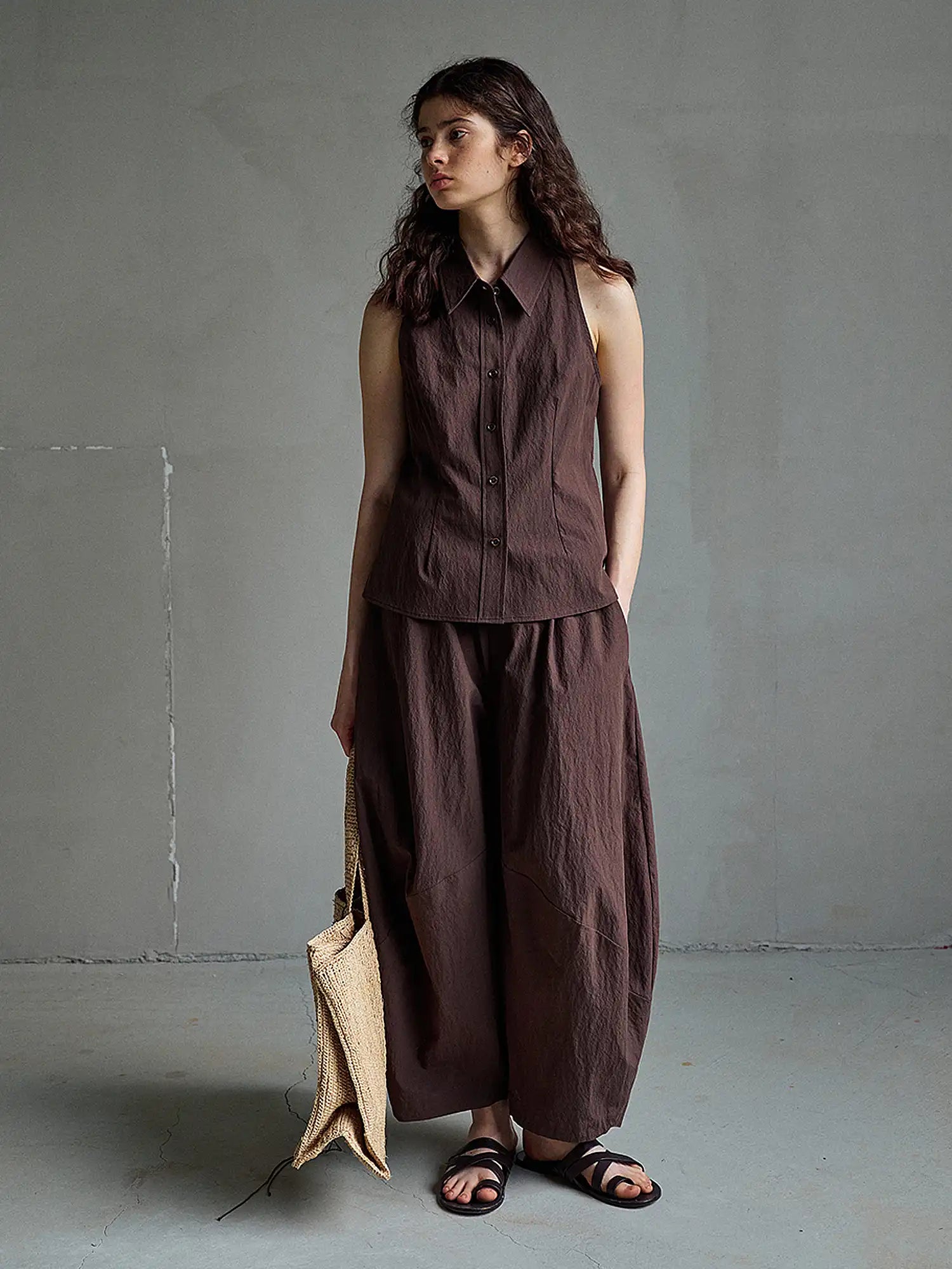 CantonCollective Design Sleeveless Button-Front Textured Cotton Top | Canton Collective