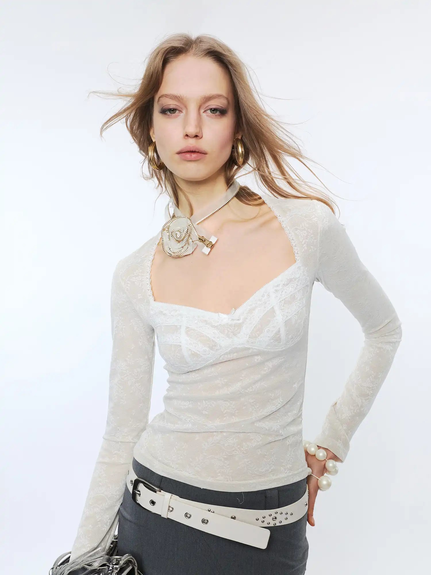 2th Desire Slim Fit Sweetheart Neck Layered Lace Mesh Long Sleeve Blouses | Canton Collective