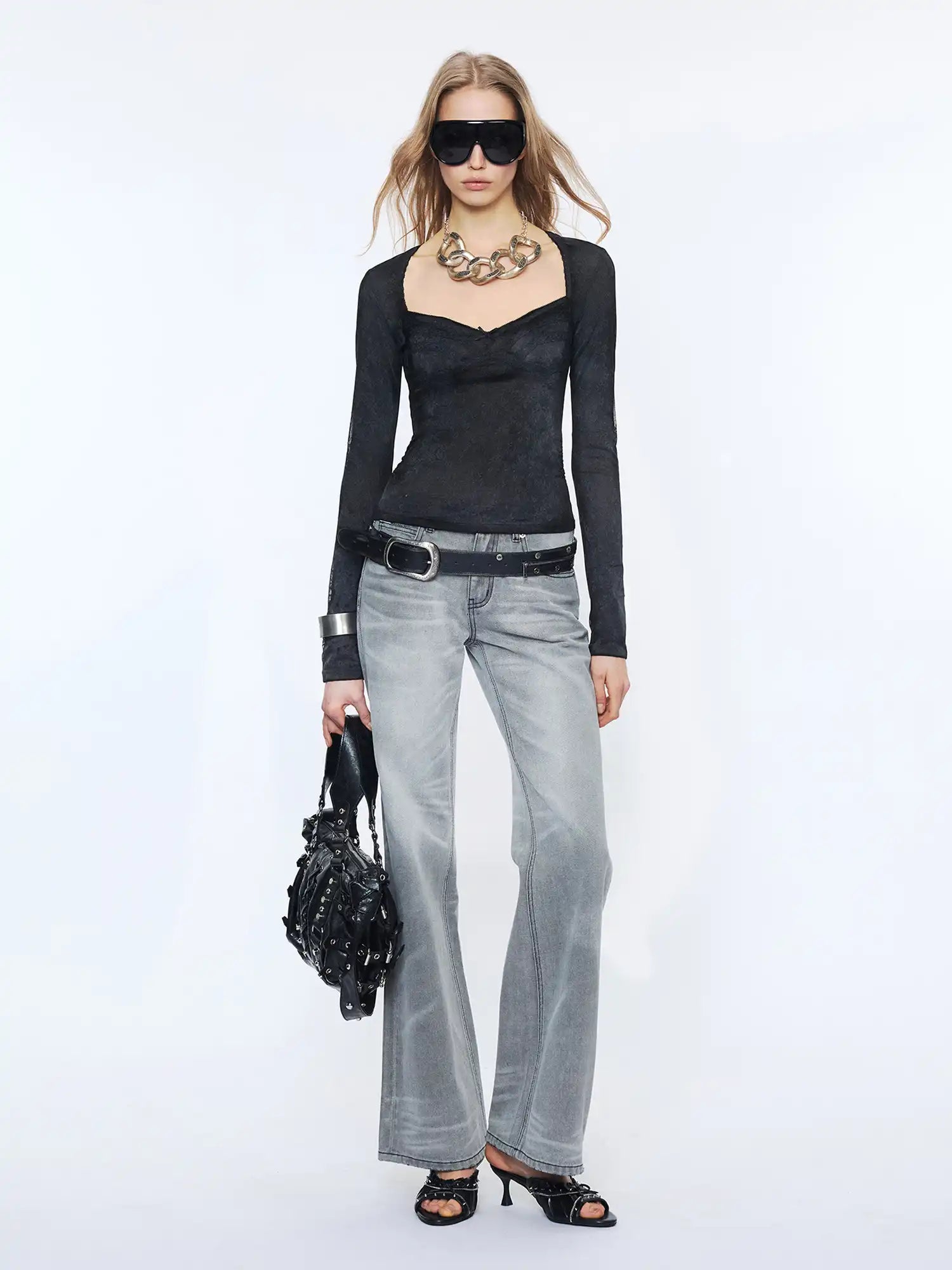 2th Desire Slim Fit Sweetheart Neck Layered Lace Mesh Long Sleeve Blouses | Canton Collective