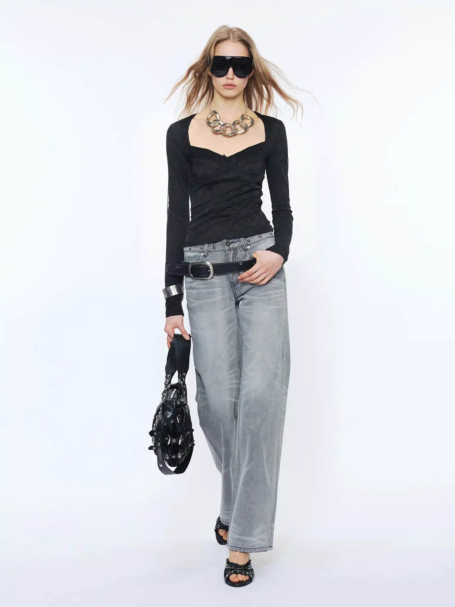 2th Desire Slim Fit Sweetheart Neck Layered Lace Mesh Long Sleeve Blouses | Canton Collective