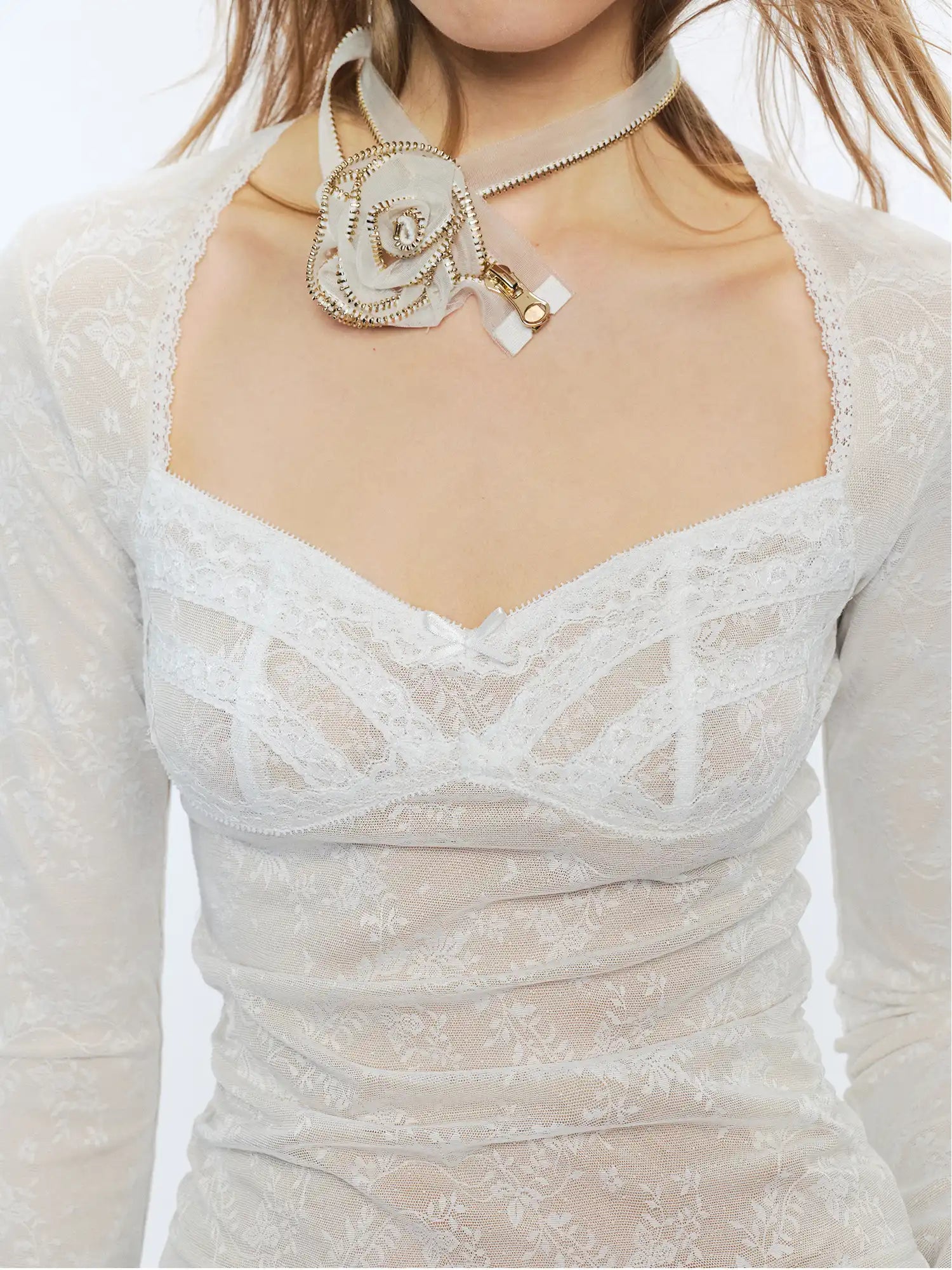 2th Desire Slim Fit Sweetheart Neck Layered Lace Mesh Long Sleeve Blouses | Canton Collective