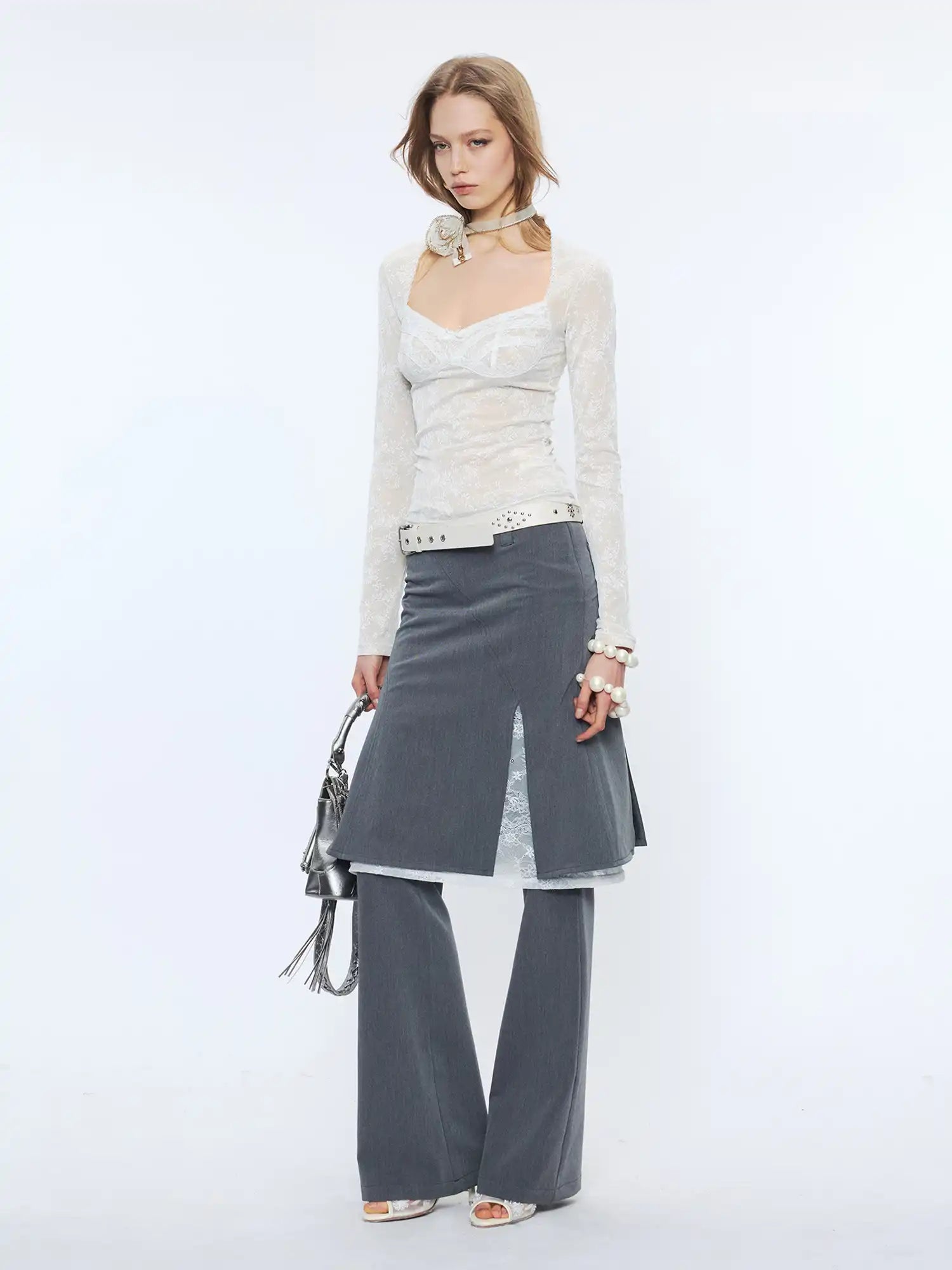 2th Desire Slim Fit Sweetheart Neck Layered Lace Mesh Long Sleeve Blouses | Canton Collective