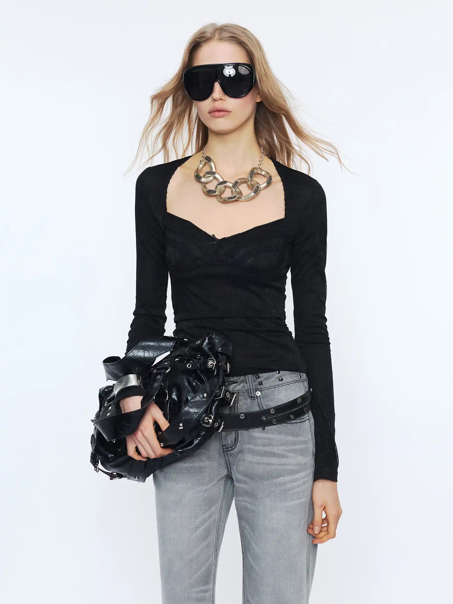 2th Desire Slim Fit Sweetheart Neck Layered Lace Mesh Long Sleeve Blouses | Canton Collective
