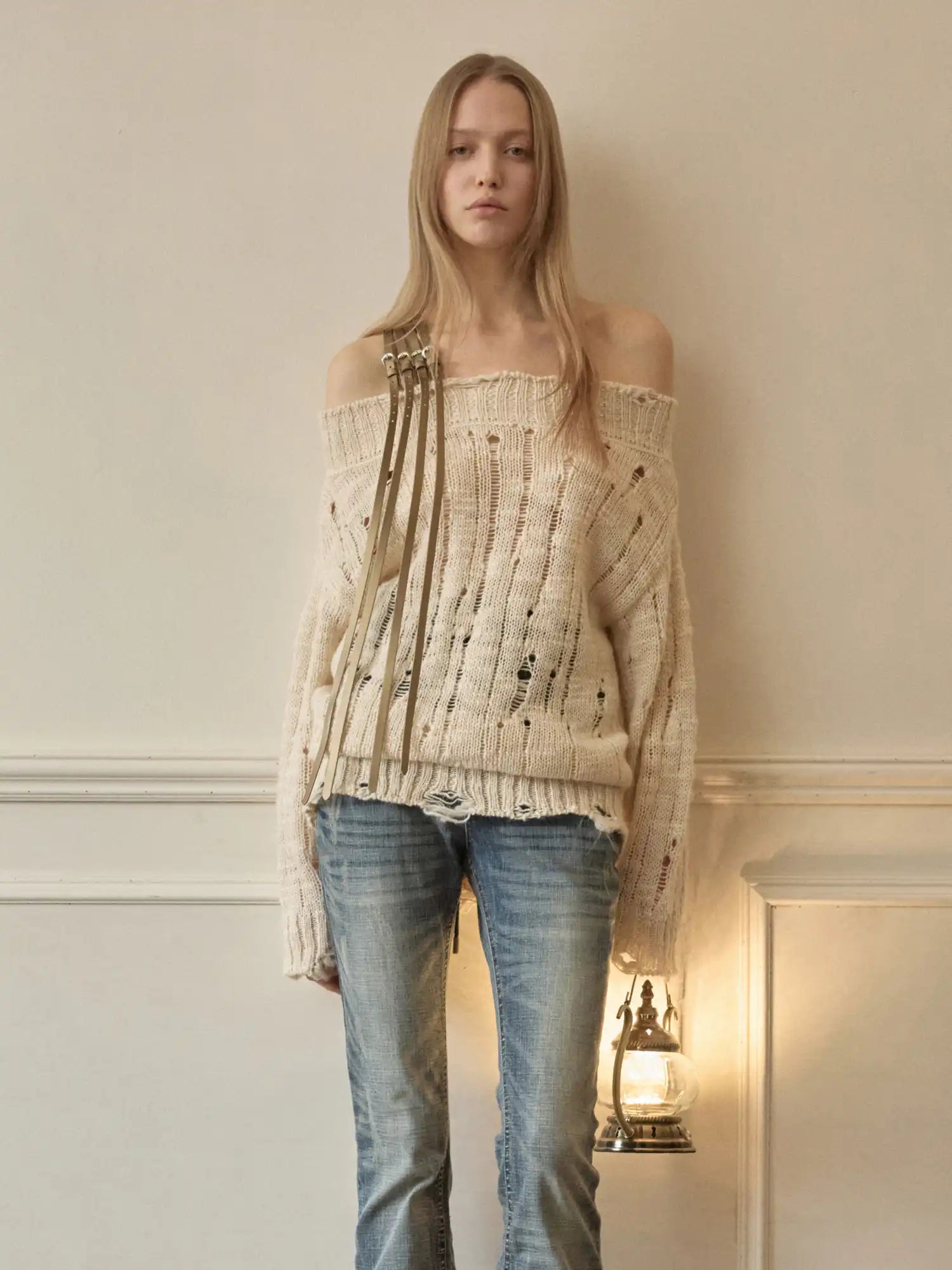 1Jinn Studio Slouchy Distressed Cable Y2K Off Shoulder Belt Jumper | Canton Collective