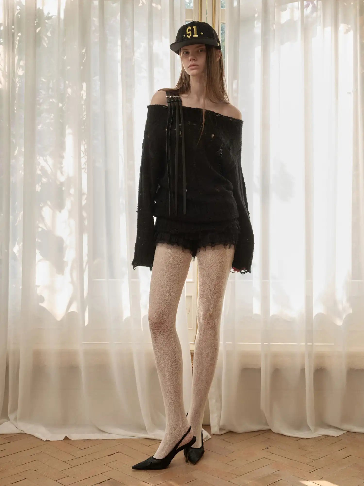 1Jinn Studio Slouchy Distressed Cable Y2K Off Shoulder Belt Jumper | Canton Collective