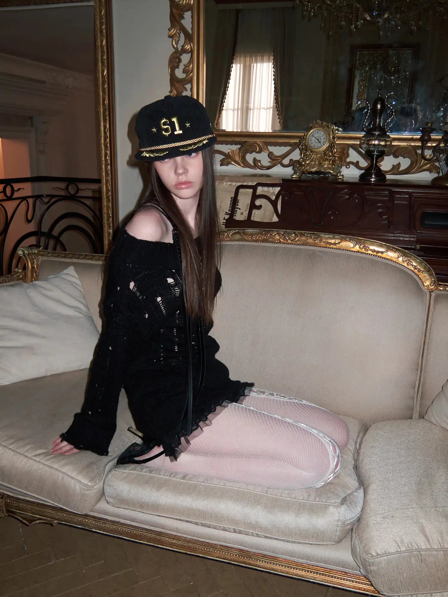 1Jinn Studio Slouchy Distressed Cable Y2K Off Shoulder Belt Jumper | Canton Collective