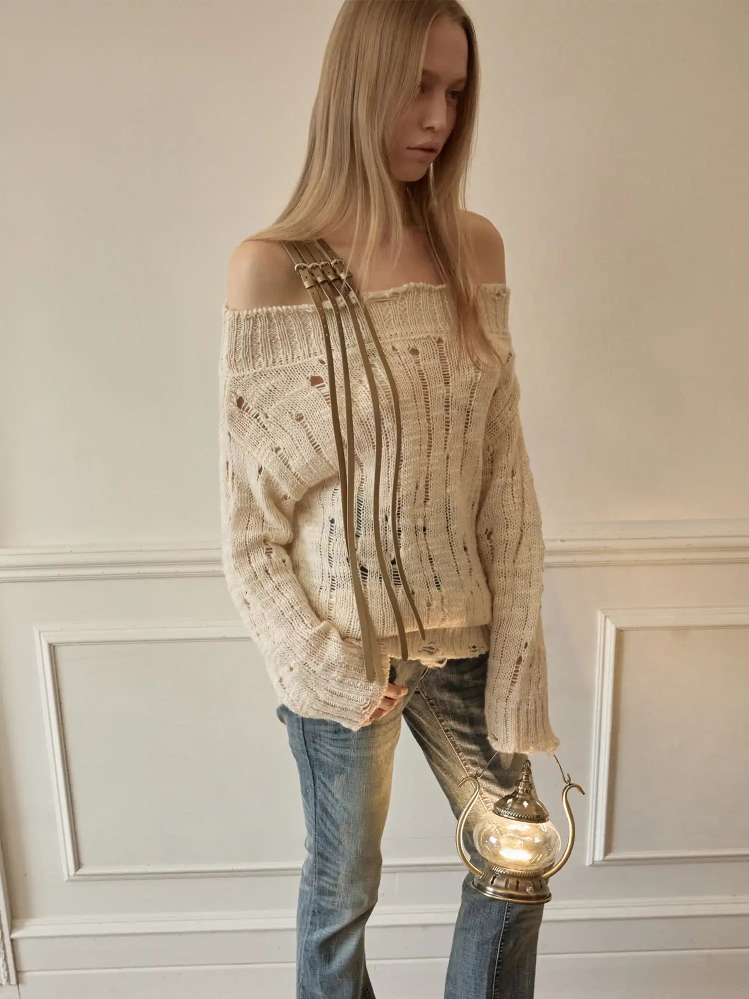1Jinn Studio Slouchy Distressed Cable Y2K Off Shoulder Belt Jumper | Canton Collective