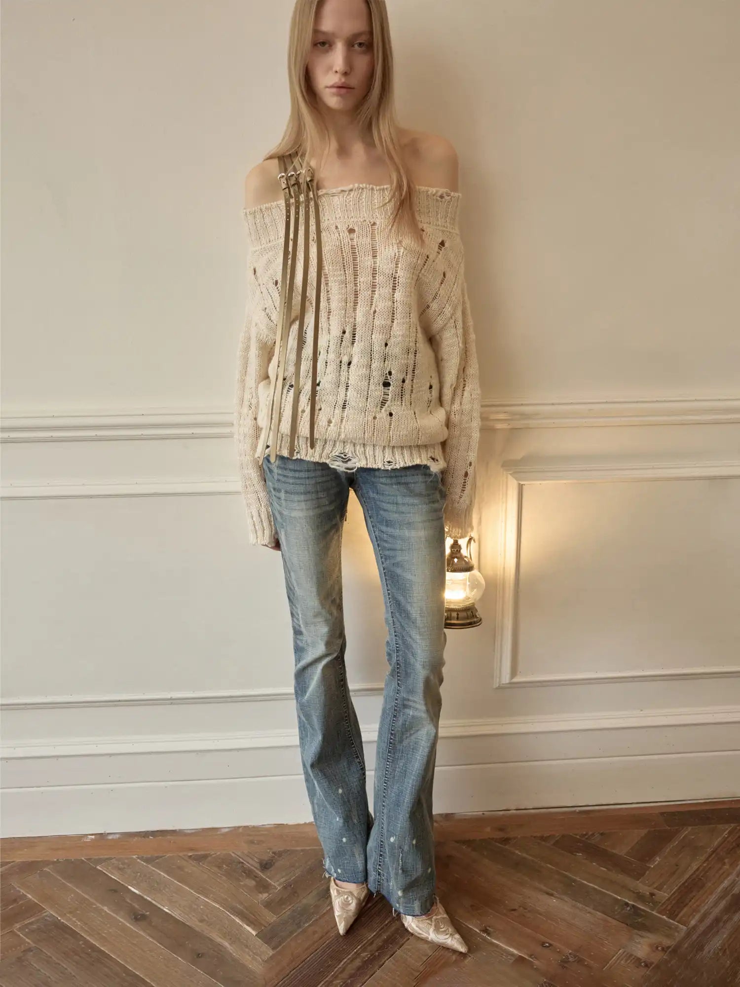 1Jinn Studio Slouchy Distressed Cable Y2K Off Shoulder Belt Jumper | Canton Collective