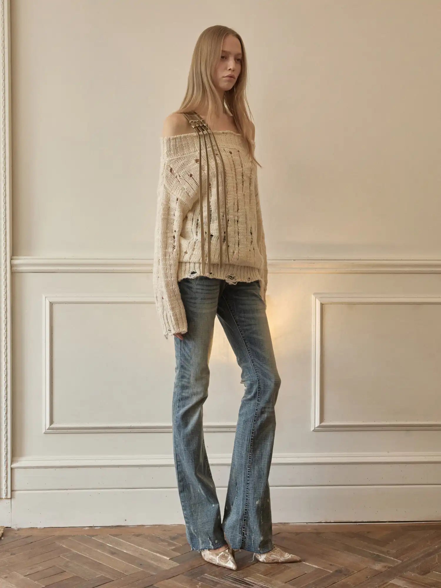 1Jinn Studio Slouchy Distressed Cable Y2K Off Shoulder Belt Jumper | Canton Collective