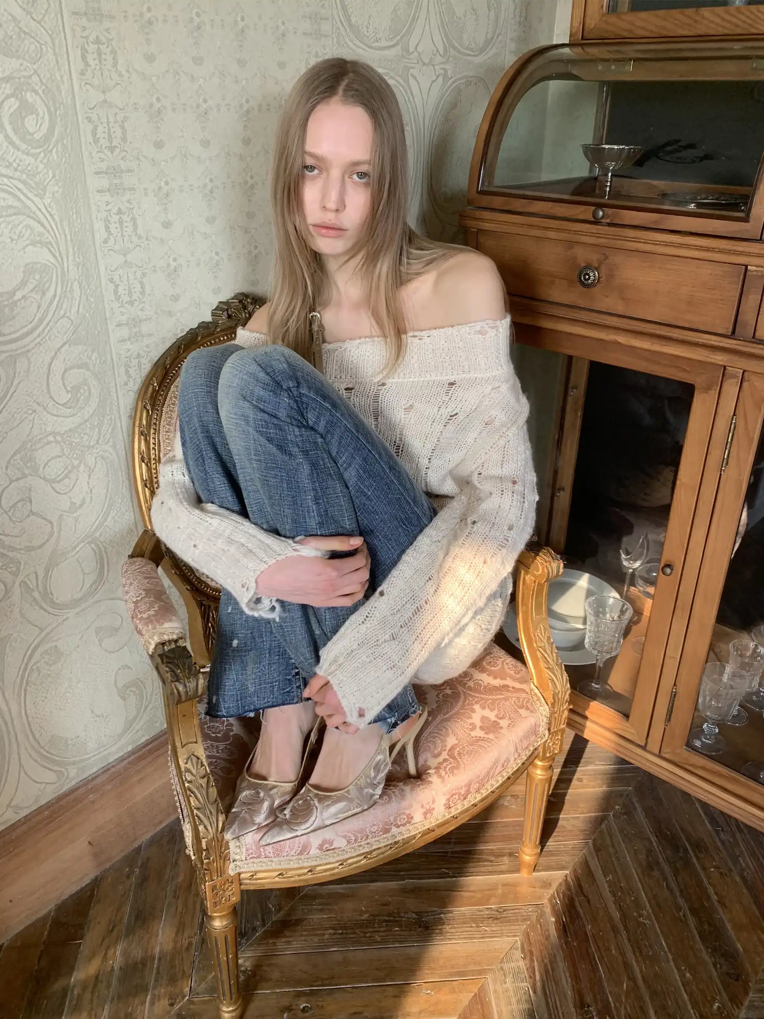 1Jinn Studio Slouchy Distressed Cable Y2K Off Shoulder Belt Jumper | Canton Collective