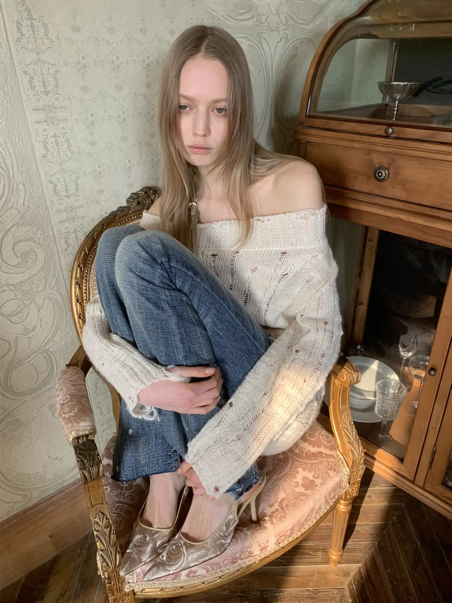 1Jinn Studio Slouchy Distressed Cable Y2K Off Shoulder Belt Jumper | Canton Collective