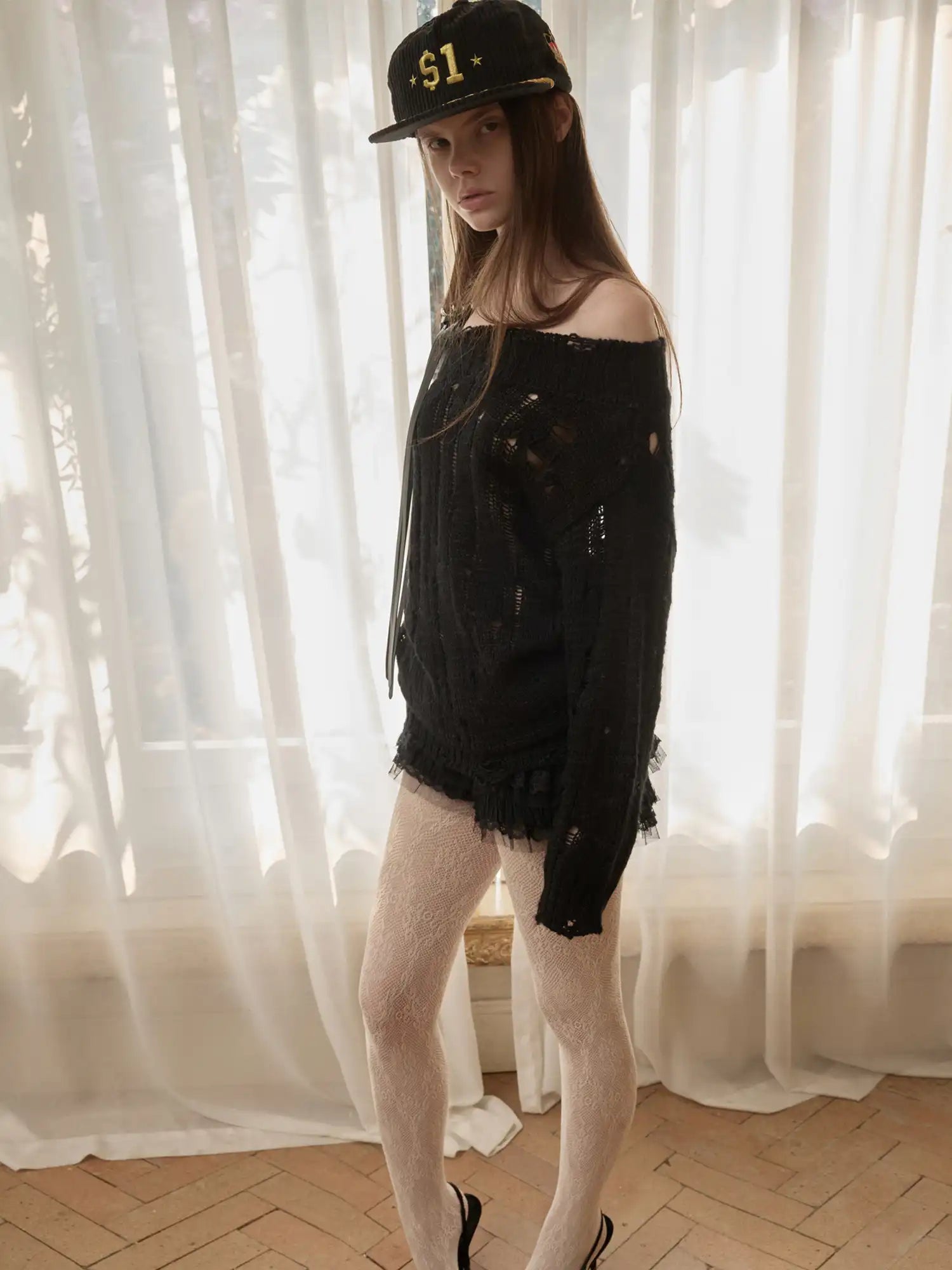 1Jinn Studio Slouchy Distressed Cable Y2K Off Shoulder Belt Jumper | Canton Collective