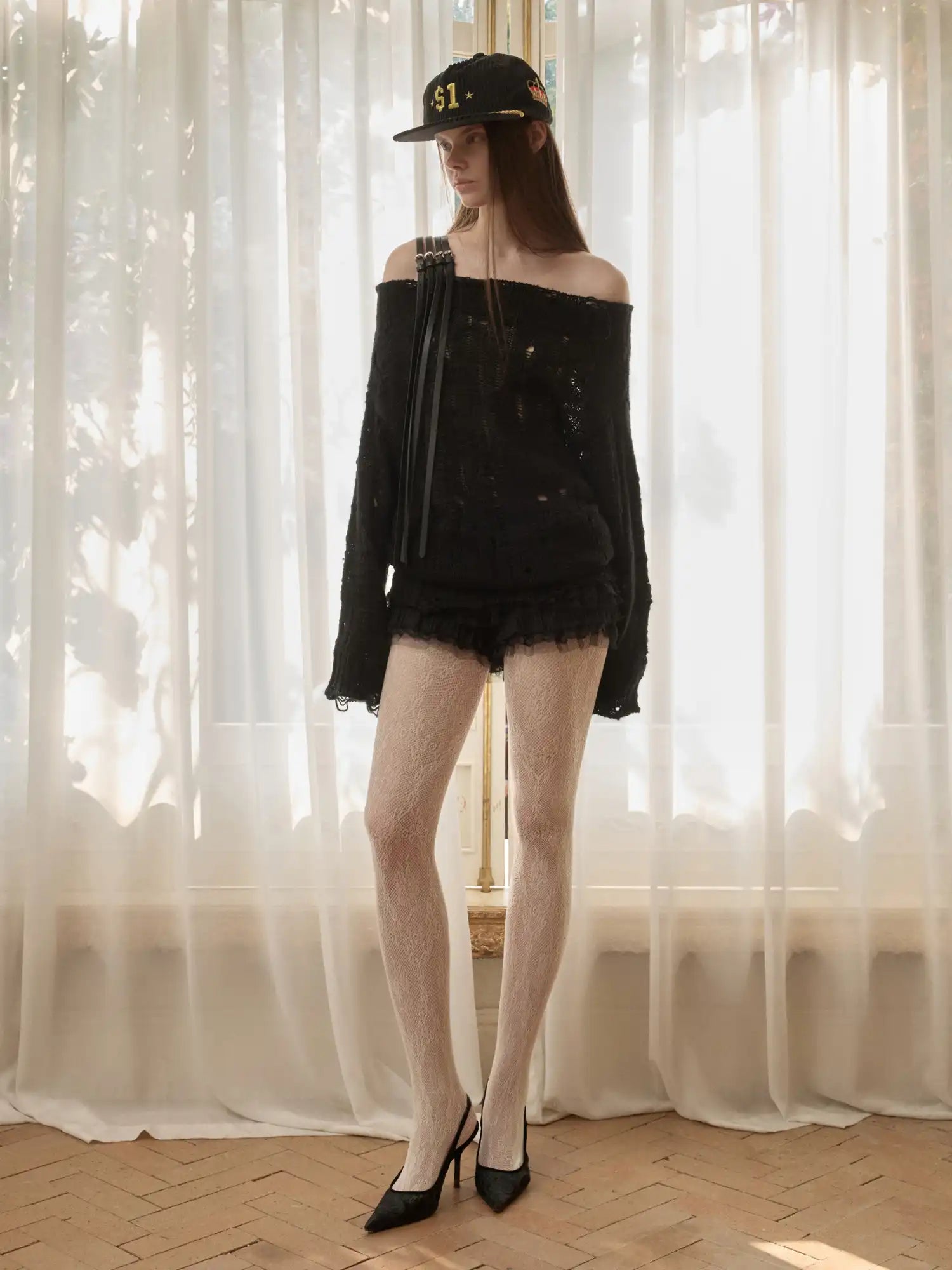 1Jinn Studio Slouchy Distressed Cable Y2K Off Shoulder Belt Jumper | Canton Collective