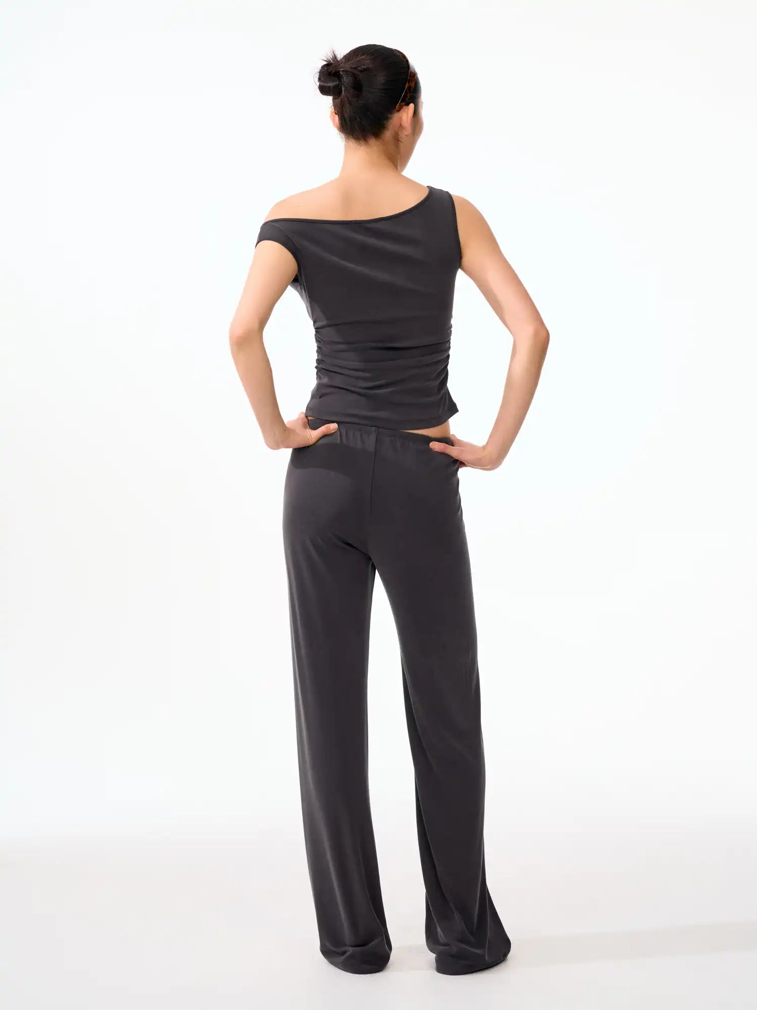 FirstFloor Solid Off Shoulder Ruched Crop Asymmetrical Top | Canton Collective