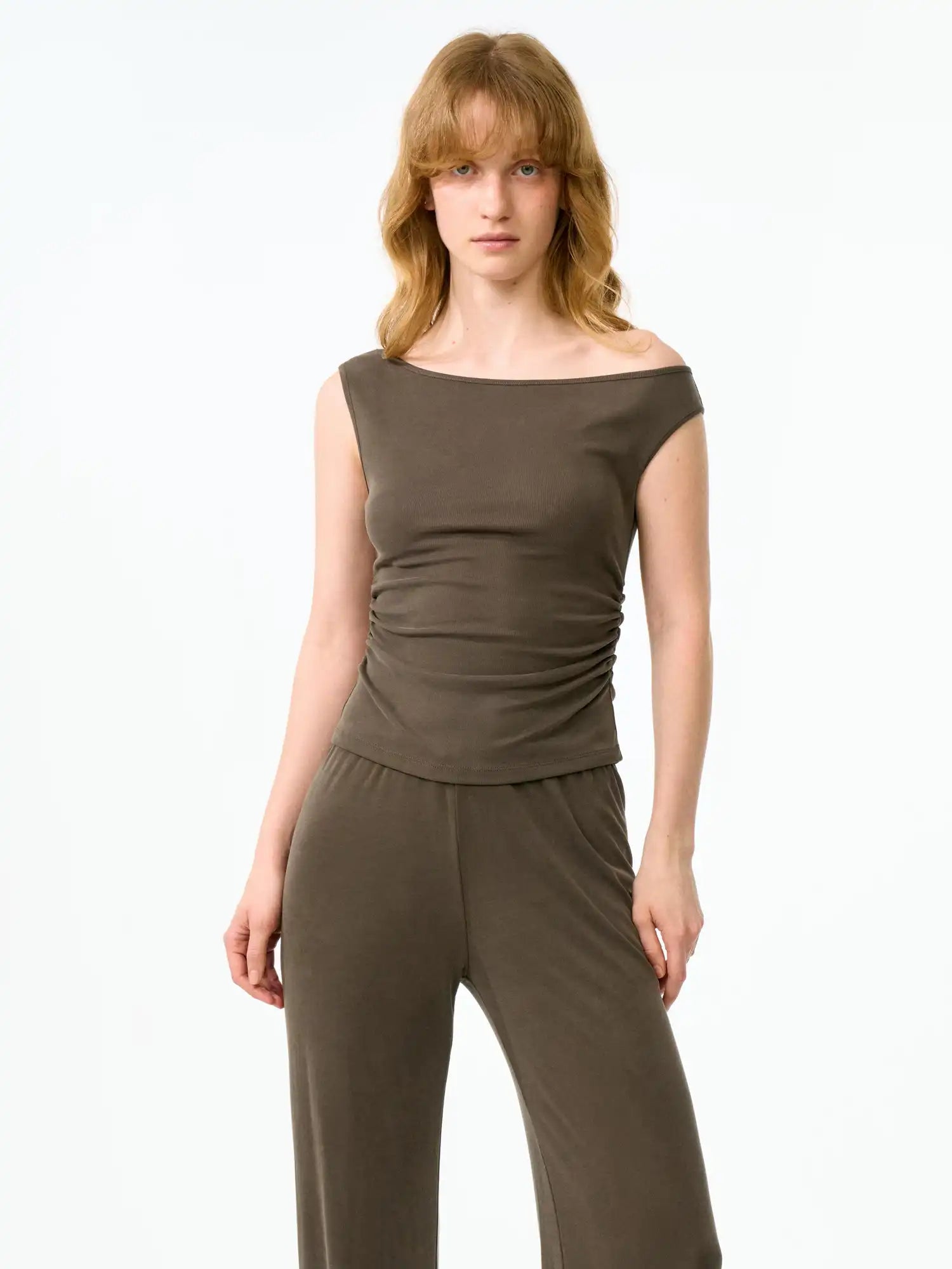 FirstFloor Solid Off Shoulder Ruched Crop Asymmetrical Top | Canton Collective