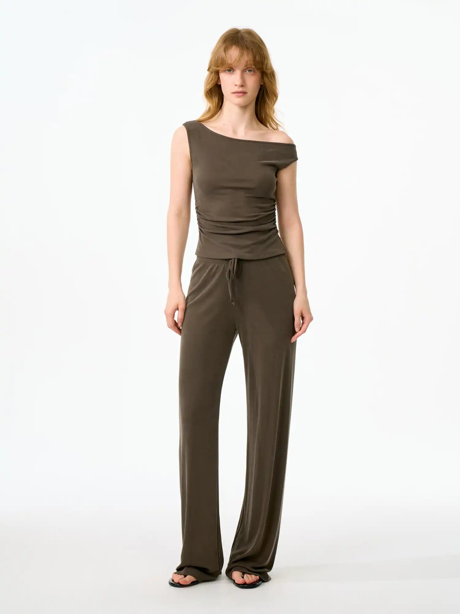 FirstFloor Solid Off Shoulder Ruched Crop Asymmetrical Top | Canton Collective