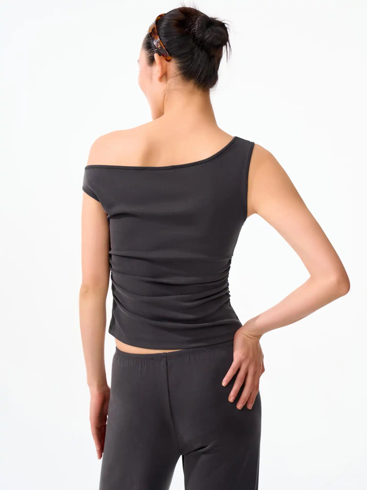 FirstFloor Solid Off Shoulder Ruched Crop Asymmetrical Top | Canton Collective